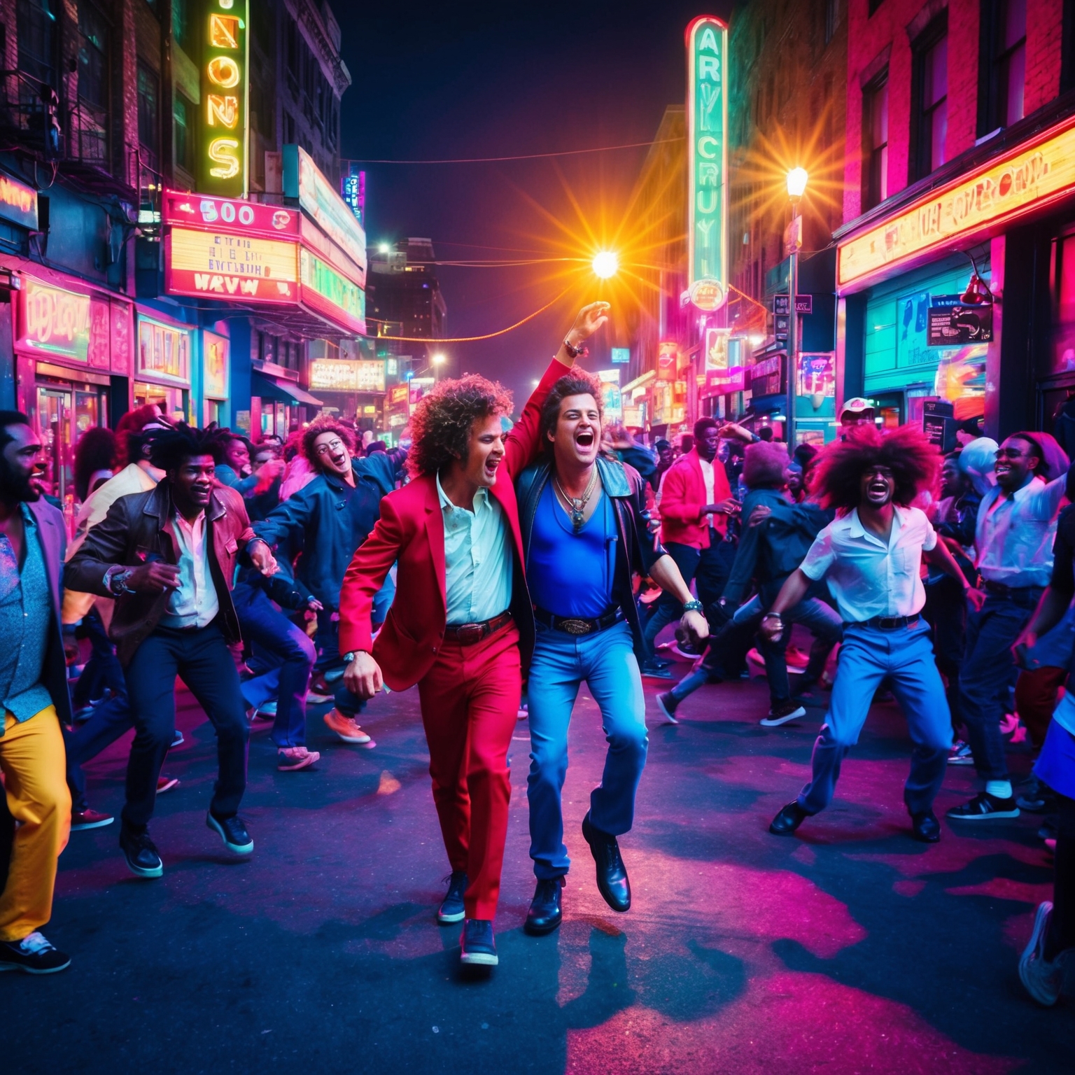 Create a vibrant and dynamic scene of a nighttime adventure in an 80s style, capturing the songs