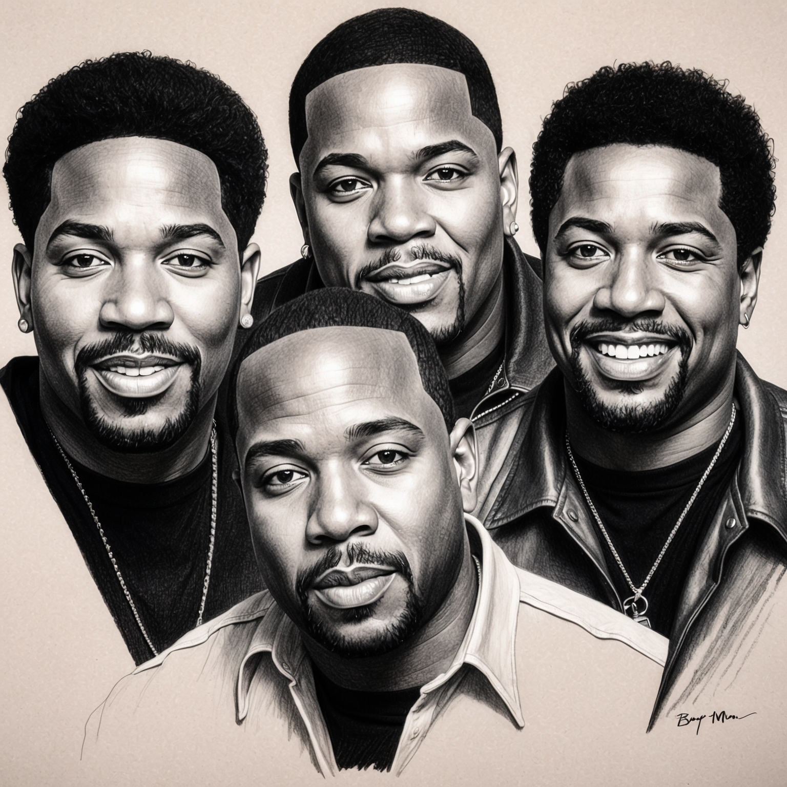 Create a black and white charcoal portrait of Boyz II Men. The drawing should have a stylistic, half-finished feel, capturing the essence of the band