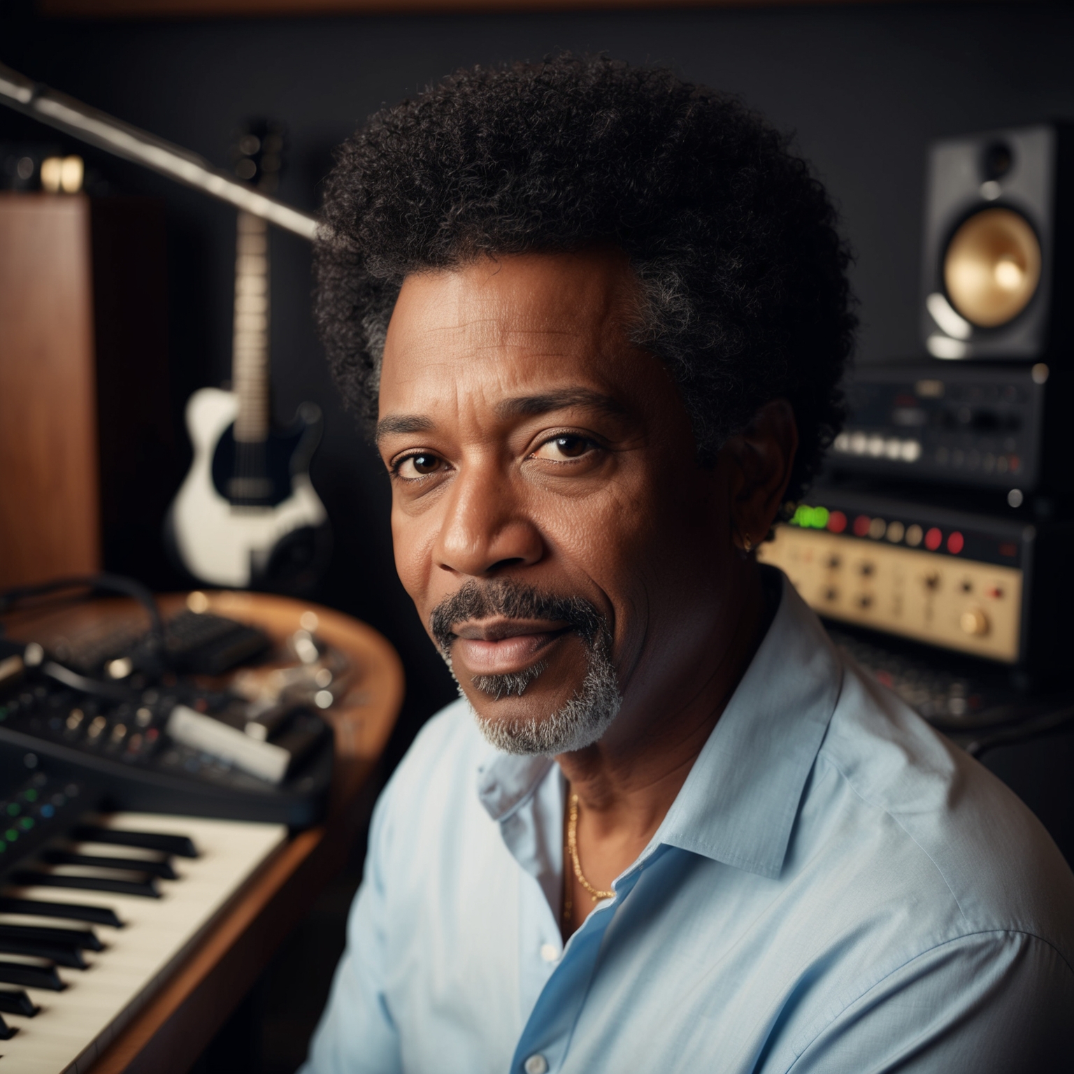 A portrait of Kenneth "Babyface" Edmonds in a music studio, surrounded by musical instruments and recording equipment, exuding a creative, focused expression that captures his status as a renowned composer and music producer.