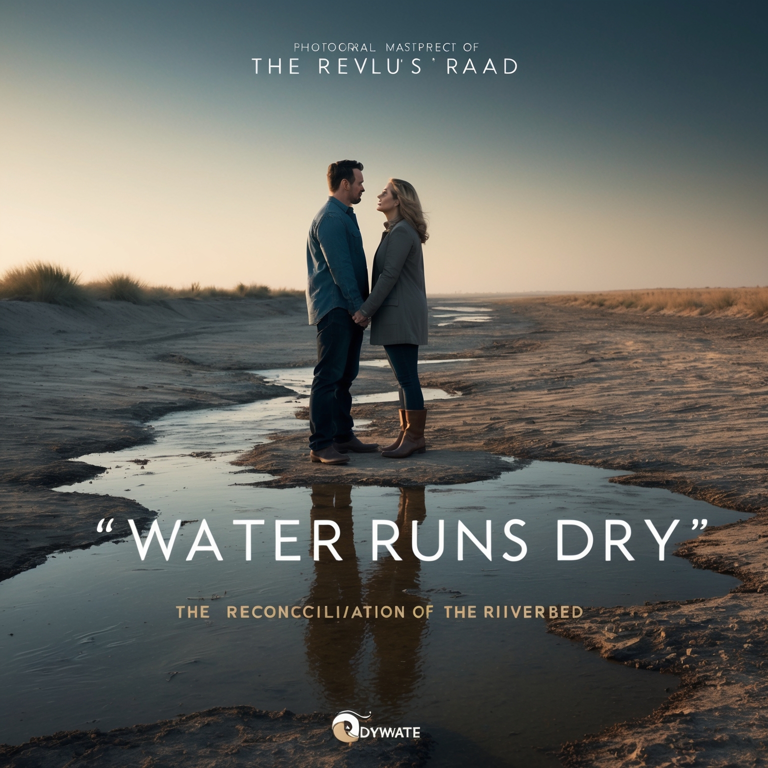 An emotional depiction of a couple standing on a parched riverbed, symbolizing the lyrical metaphor of 