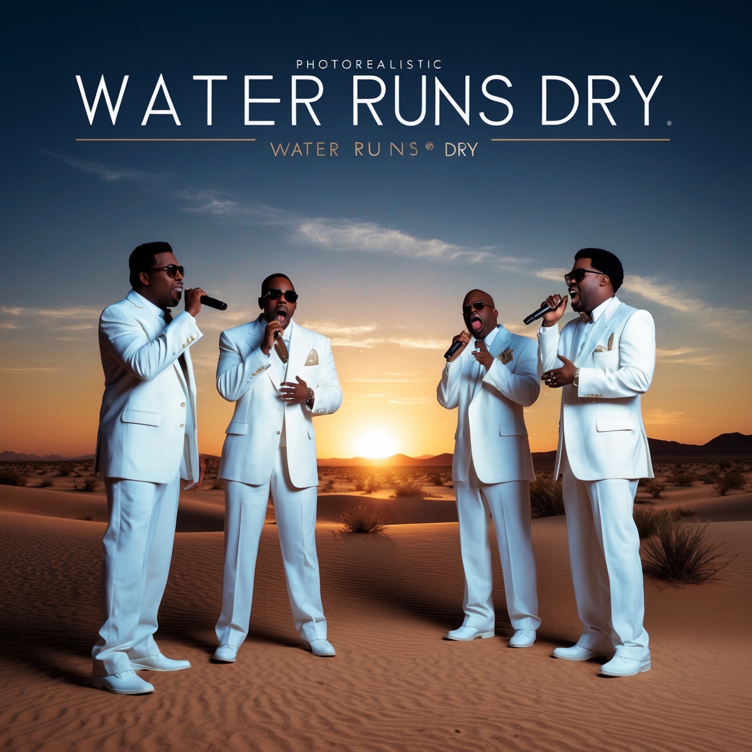 A serene desert landscape at sunset, Boyz II Men dressed in stylish 90s attire, singing with emotion. The image captures elements of love and reflection, central to the song 