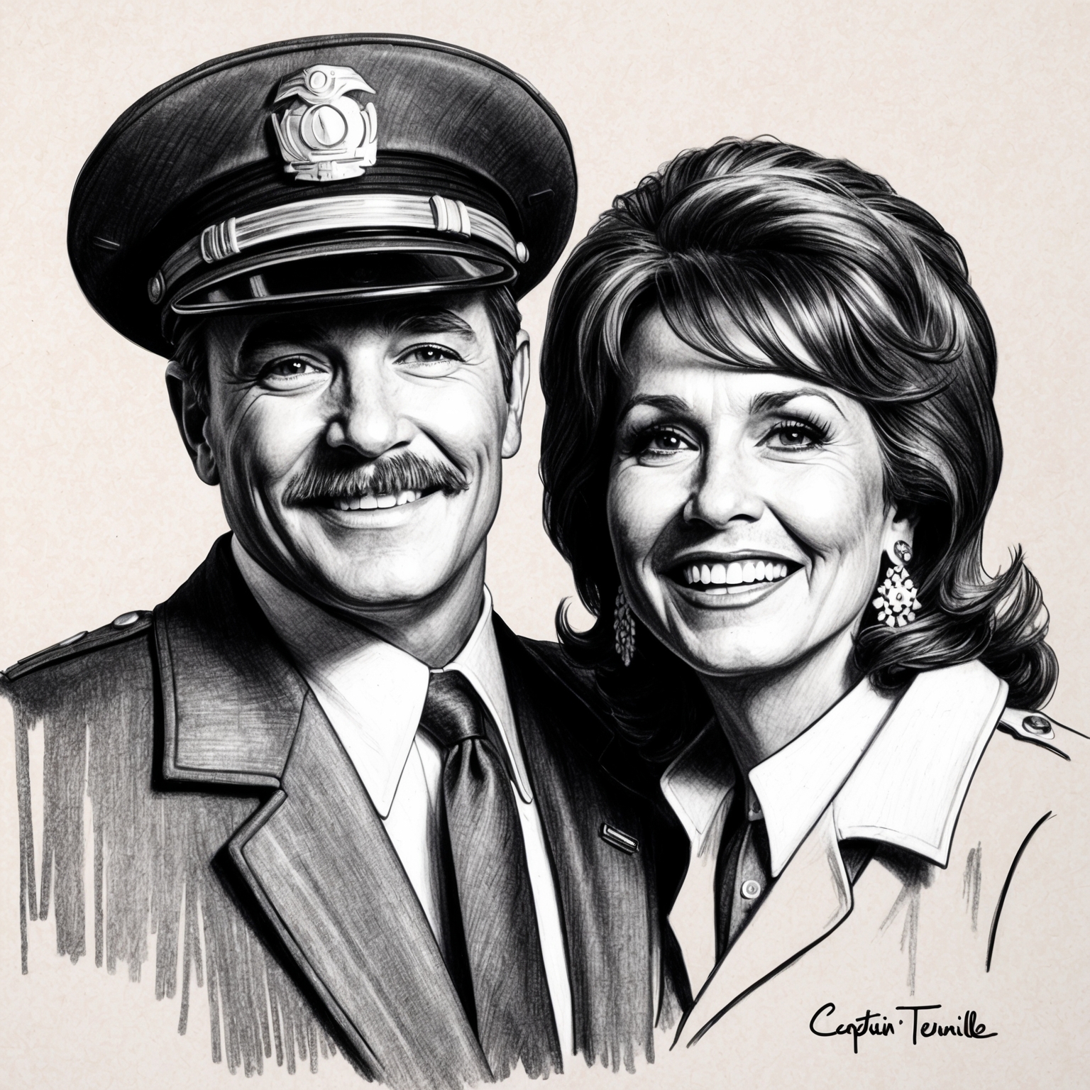 Create a charcoal, stylistic drawing of Captain & Tennille with a half finished feel. The drawing should be in black and white, capturing the essence of their iconic status as pop legends of the 1970s and 1980s.