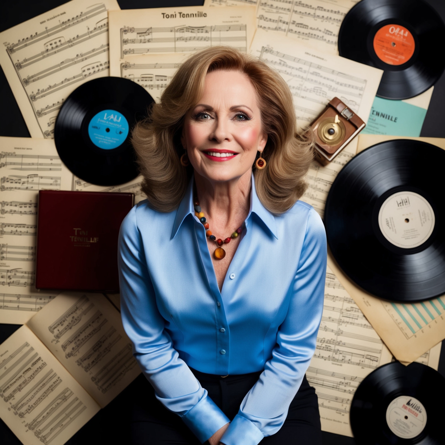 A portrait of Toni Tennille, an accomplished composer and musician, surrounded by classical music sheets and jazz records, reflecting her diverse musical influences and style, evoking a sense of the late 70s pop culture.