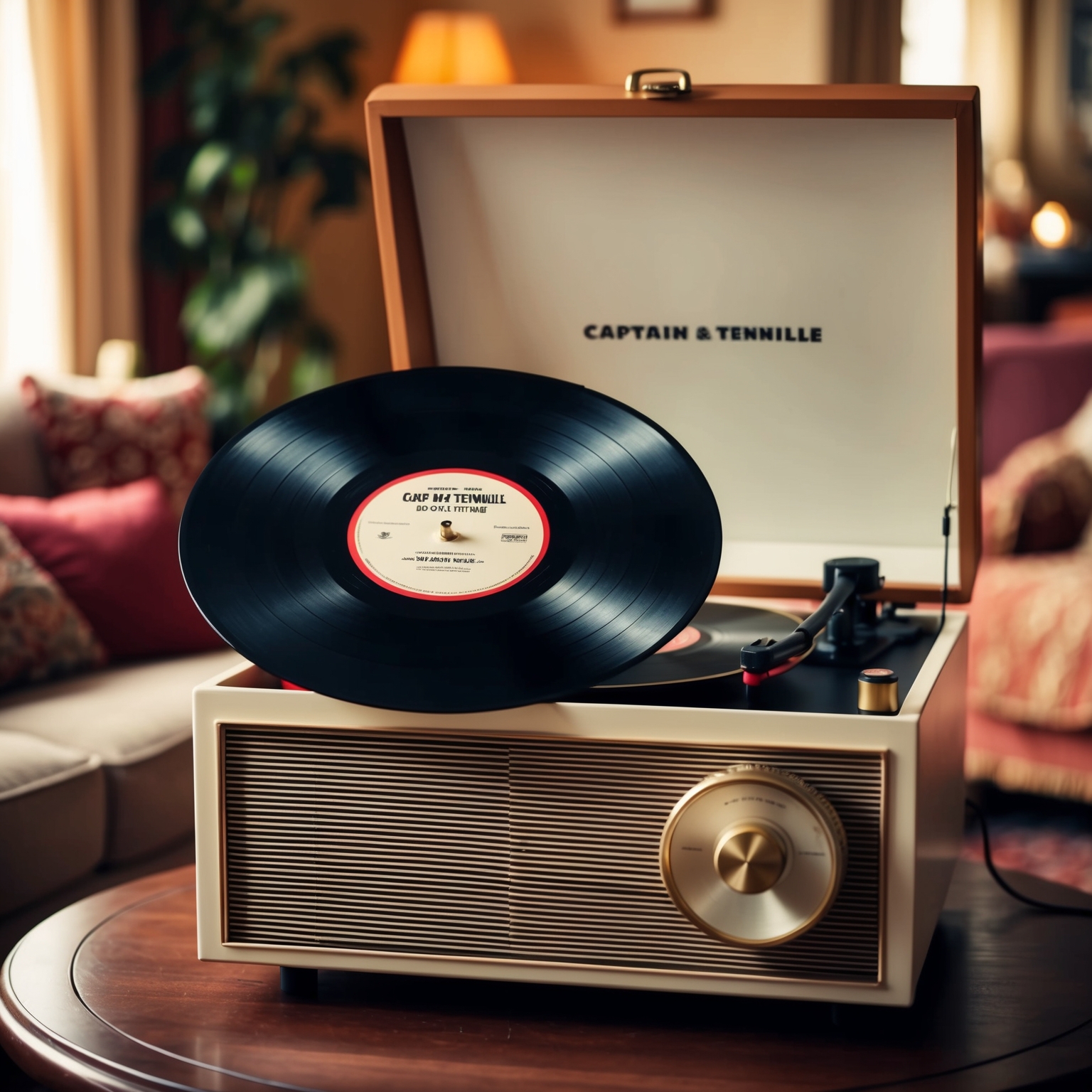 A vintage record player in a cozy living room, softly lit with nostalgic 70s decor, spinning a vinyl record labeled 