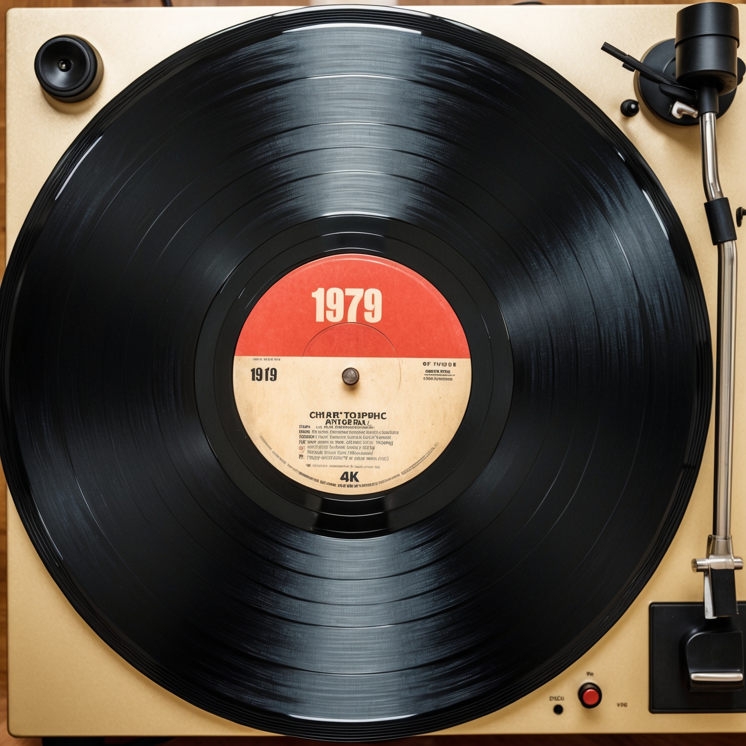 A vintage 1979 vinyl record spinning on a turntable, with a retro feel, capturing the essence of the late 1970s music industry. The image should evoke a sense of nostalgia, symbolizing chart-topping music of the era.