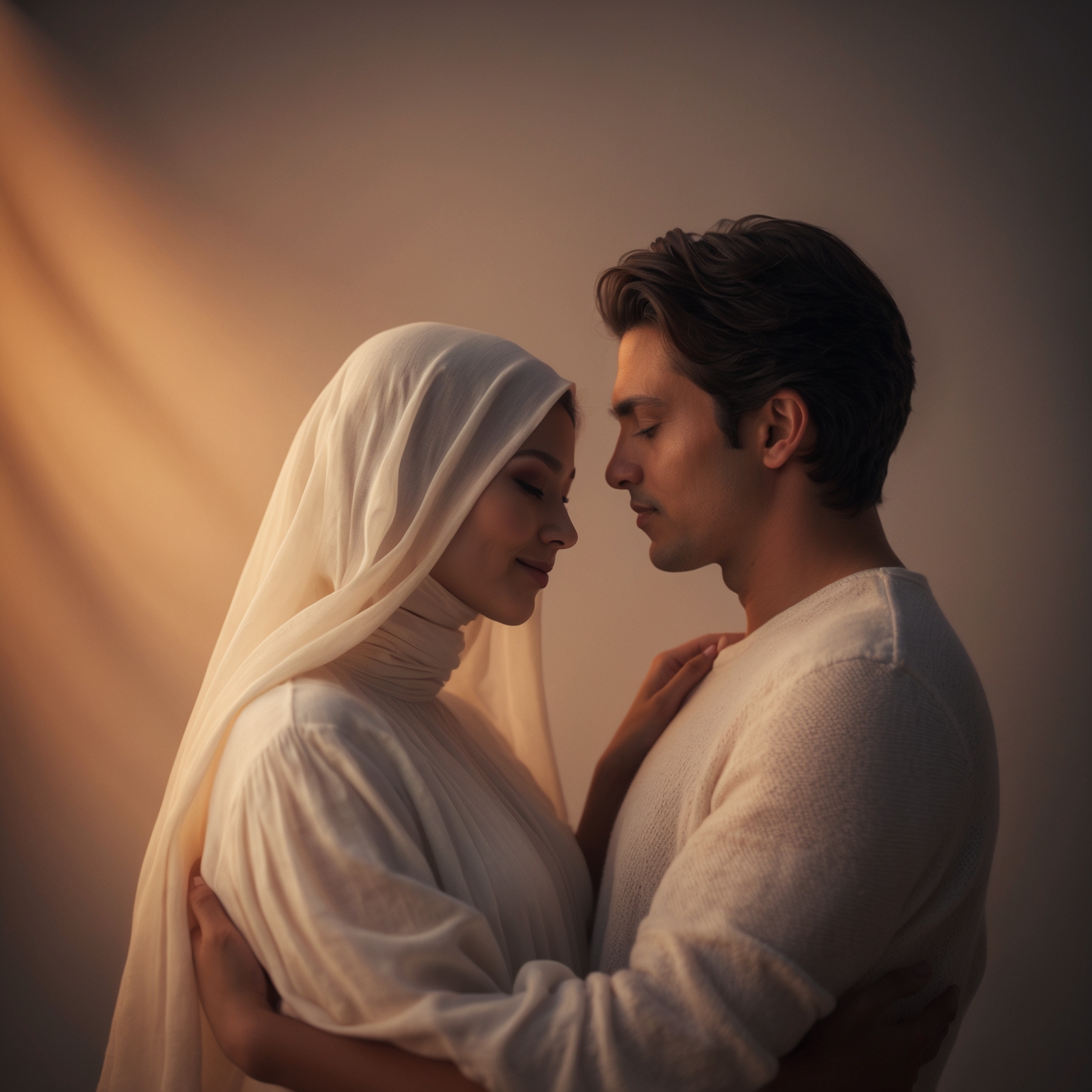 An intimate scene featuring two figures in a soft, romantic setting, capturing the essence of longing and affectionate repetition. The background echoes a timeless warmth, with gentle lighting accentuating their connection.