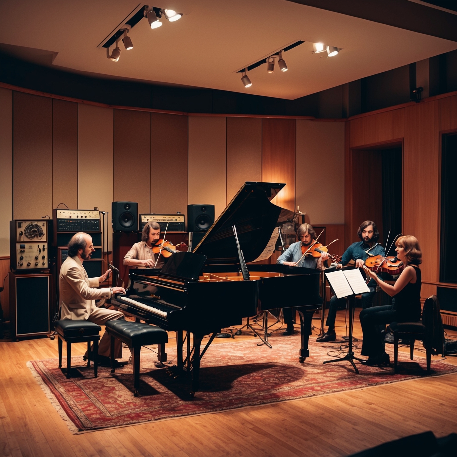 Create an image of a classic recording studio from the late 1970s. The studio should have vintage recording equipment, a grand piano, strings section, and soft ambient lighting. Capture an intimate atmosphere where musicians are collaboratively working on a romantic, timeless pop-rock ballad reflecting a warm and inviting sonic environment.