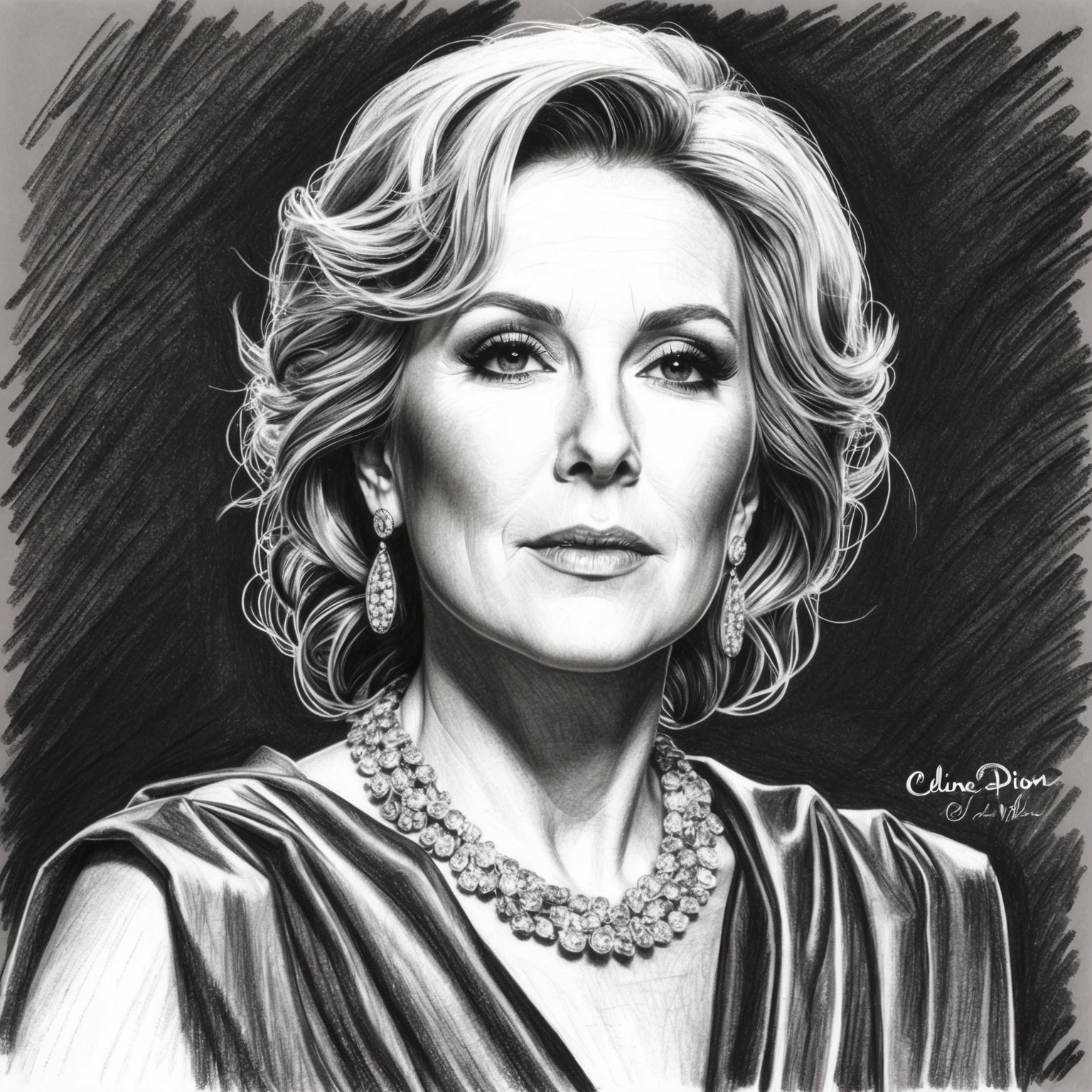 Charcoal, stylistic drawing of Celine Dion, capturing her iconic features with a half-finished, black and white approach, evoking a sense of emotional depth and timelessness.