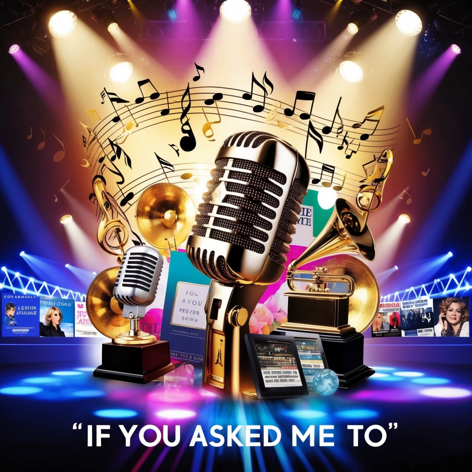 A vibrant collage depicting musical notes, a vintage microphone, and musical awards surrounded by spotlight beams, hinting at the prestigious acclaim and cultural impact of the song "If You Asked Me To" by Celine Dion. The scene captures the essence of a live performance stage, with notable covers and media appearances subtly integrated into the background. The image should convey a sense of musical celebration and artistic homage.