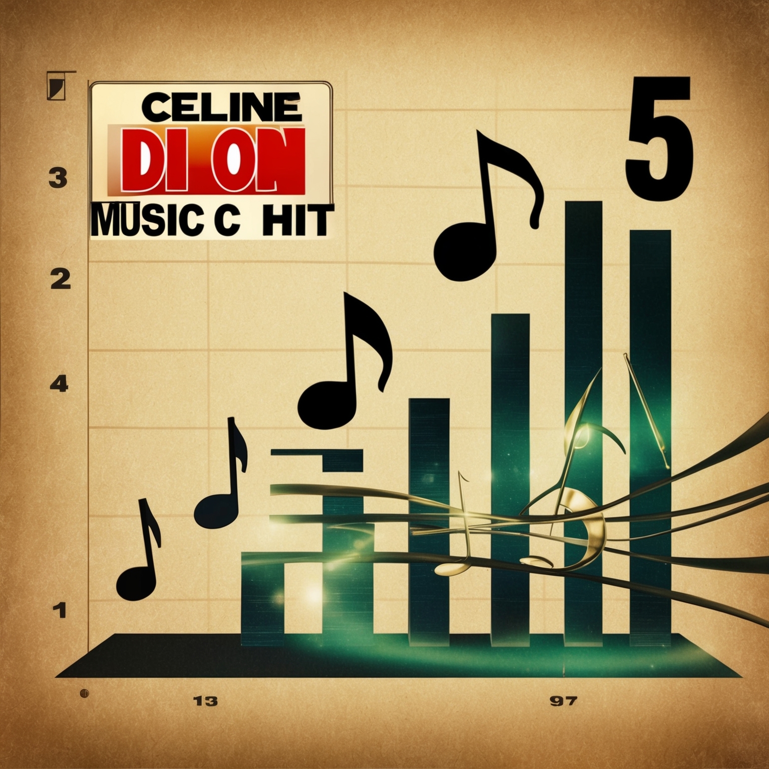 A vintage music chart with highlighted ascension of a top 5 hit, representing the early 90s music era, featuring abstract depictions of Celine Dion