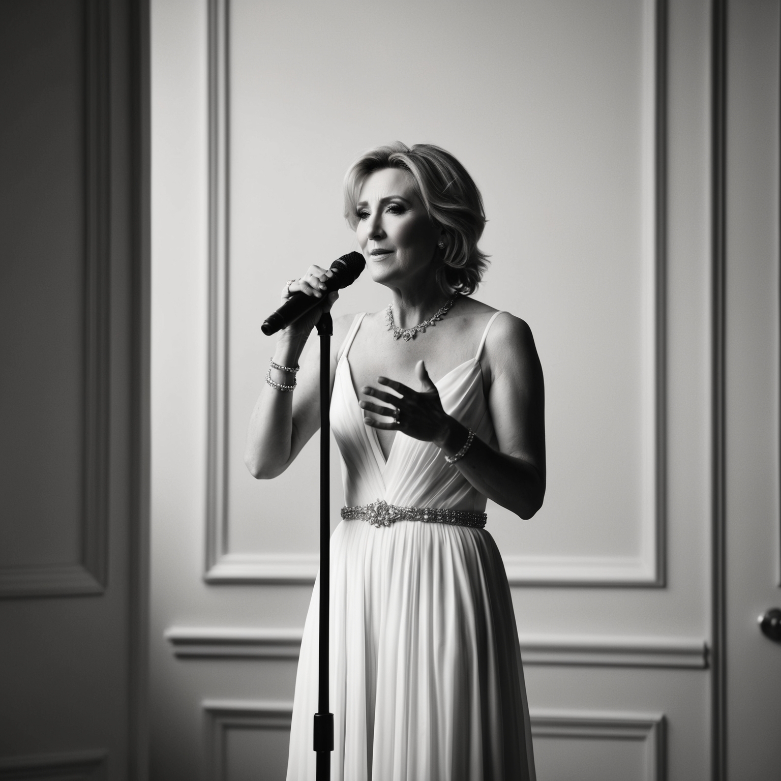 Celine Dion performing in an intimate and emotive music video for her song "If You Asked Me To", with a minimalistic and classic setting that emphasizes her vocal performance, conveying themes of longing and emotional vulnerability.