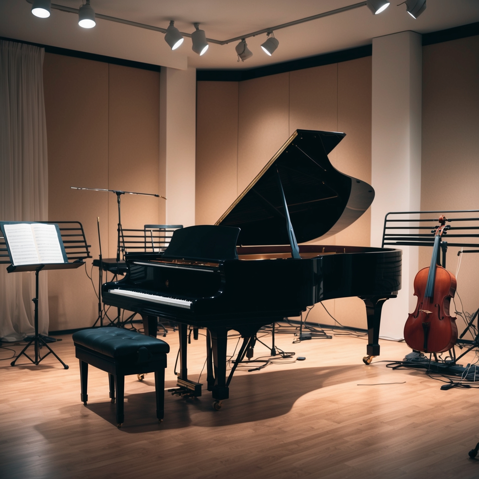 A serene studio environment with a grand piano, sheet music in D major, strings set up for recording, an ambient setting with soft lighting capturing the mood of a 1990s recording session with an emphasis on an emotive and timeless feel.