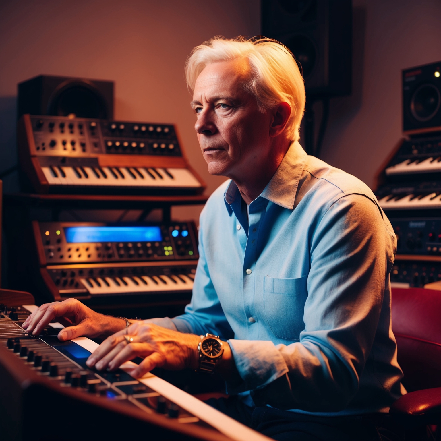 A portrait of Martin Gore in a music studio surrounded by vintage synthesizers, emphasizing an 80s electronic music vibe, capturing him deep in thought as he crafts music, with ambient lighting that reflects his influential role in Depeche Mode.