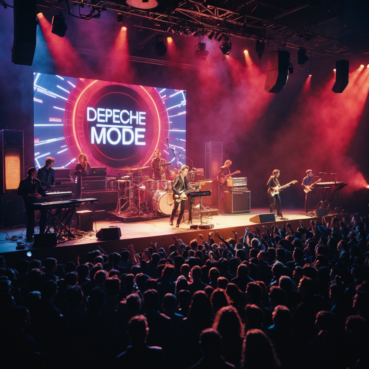 Create an image portraying a scene of vibrant live performance by Depeche Mode from the early 1980s, capturing the energy and technological innovation of synth-pop music, featuring synthesizers, digital graphics, and an enthusiastic crowd, in an atmospheric concert hall.