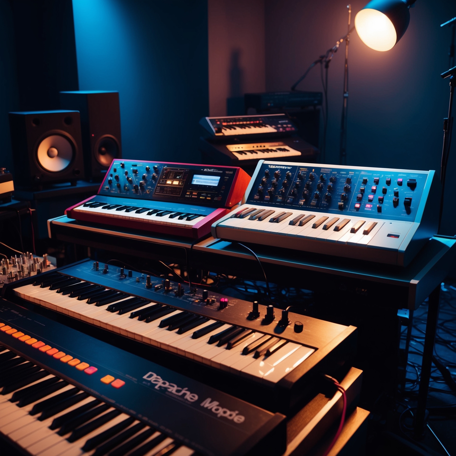 A digital studio setting capturing the essence of 1980s synth-pop. Emphasize iconic synthesizers like the Emulator and Fairlight, surrounded by recording equipment. Evoke a sense of innovation and creativity typical of Depeche Mode during the mid-1980s, with dim, ambient lighting suggesting a creative brainstorming session in an inviting studio space. Highlight the contrast between digital synthesizers and traditional instruments, illustrating the fusion that made 