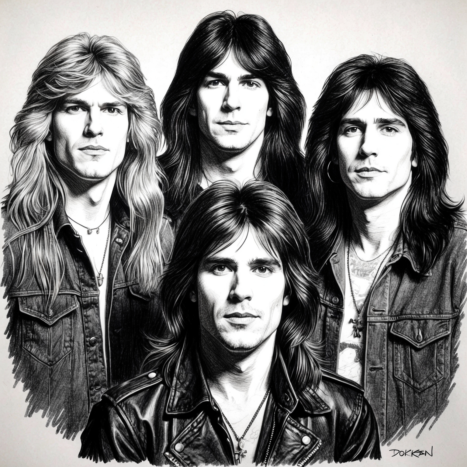 A charcoal, stylistic drawing of the band Dokken, capturing their 1980s energy and rock persona. The portrait is in black and white, featuring the band members with expressive features, yet with a half-finished artistic feel.