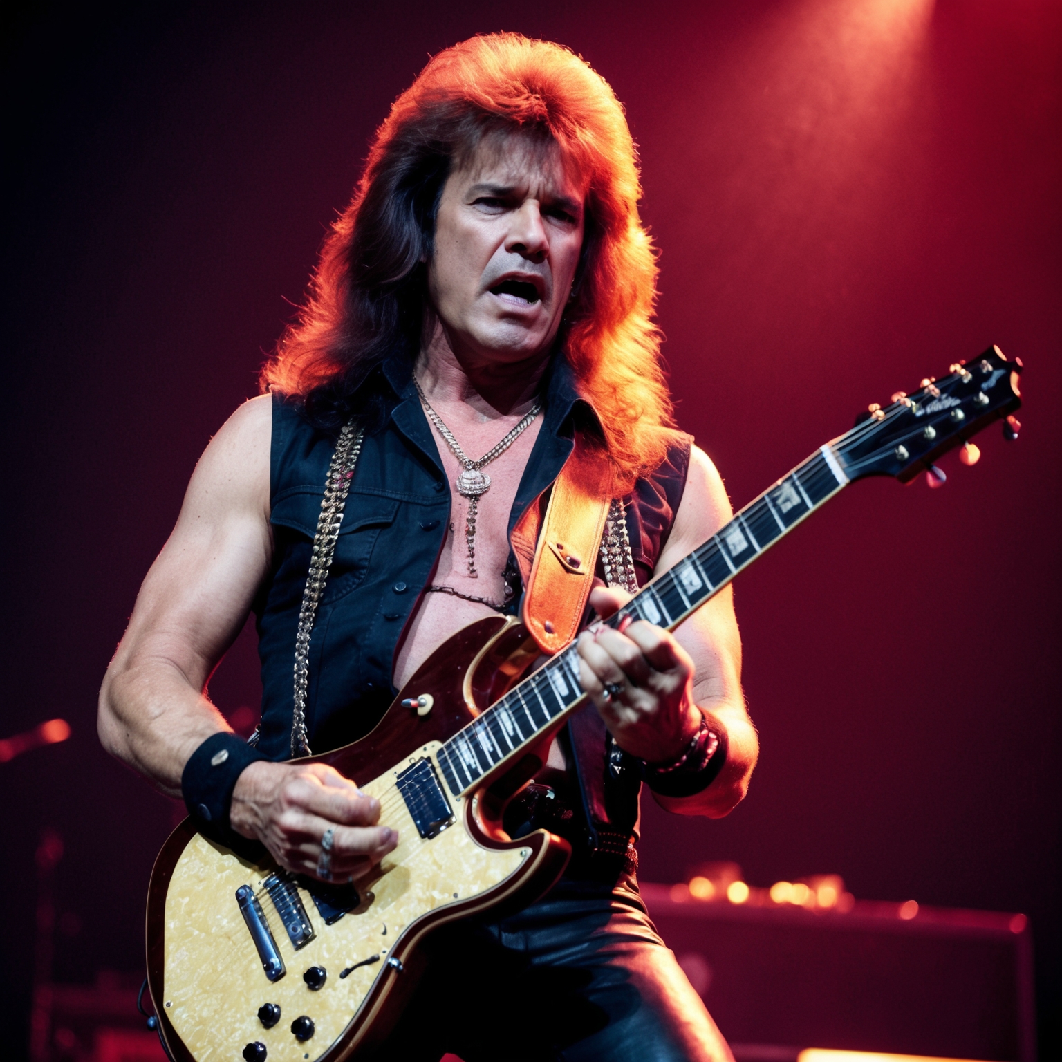 Create an image of George Lynch, famed guitarist from the 1980s glam metal era, performing on stage with a focus on his intense, intricate guitar playing style. Capture the essence of a live concert setting in the 1980s, spotlighting his charismatic stage presence and vintage electric guitar.