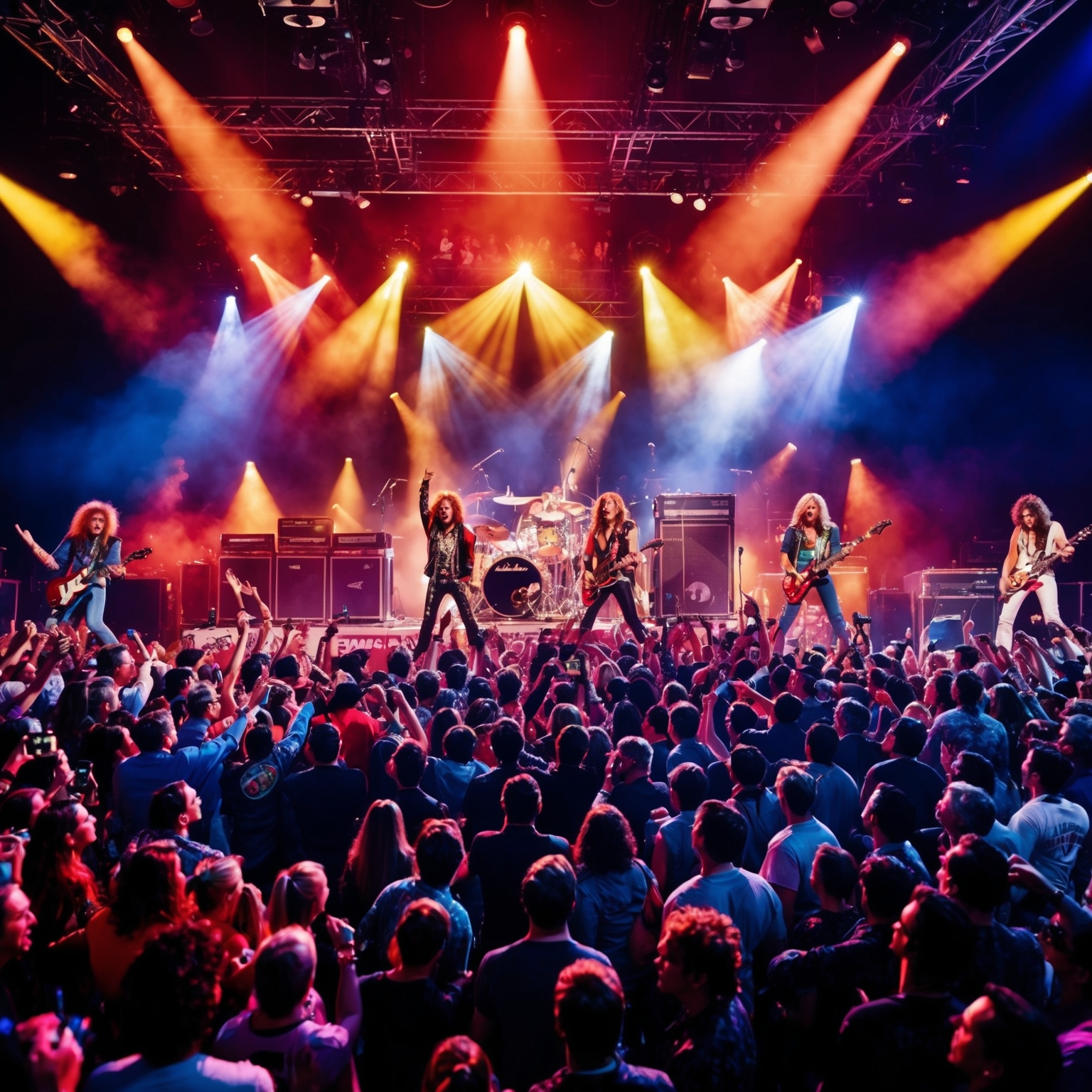 Create an image depicting a vibrant 1980s rock concert scene with a focus on dramatic spotlights and a crowd of enthusiastic fans. The stage is alive with an energetic band performance, reflecting the era