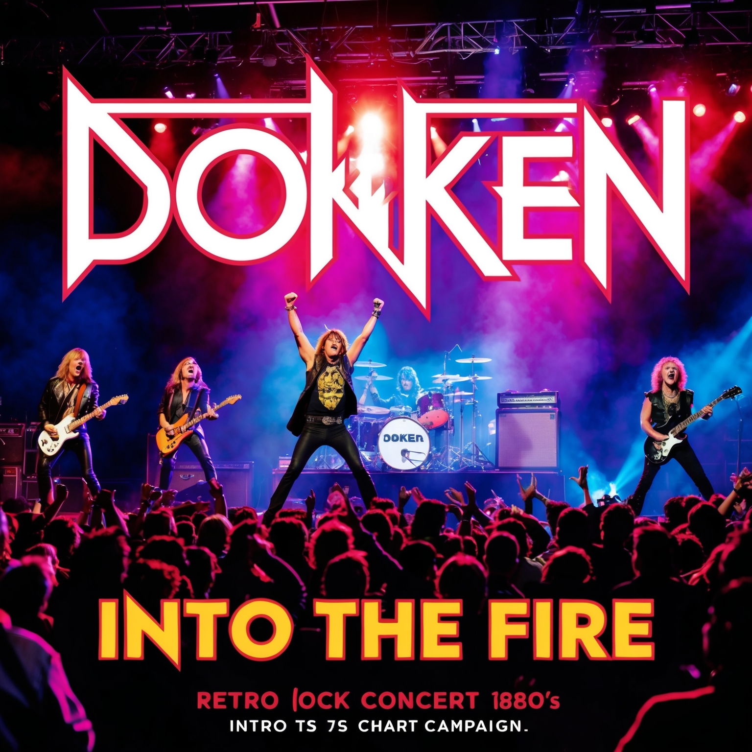 Retro rock concert scene capturing a vibrant 1980s atmosphere, with Dokken