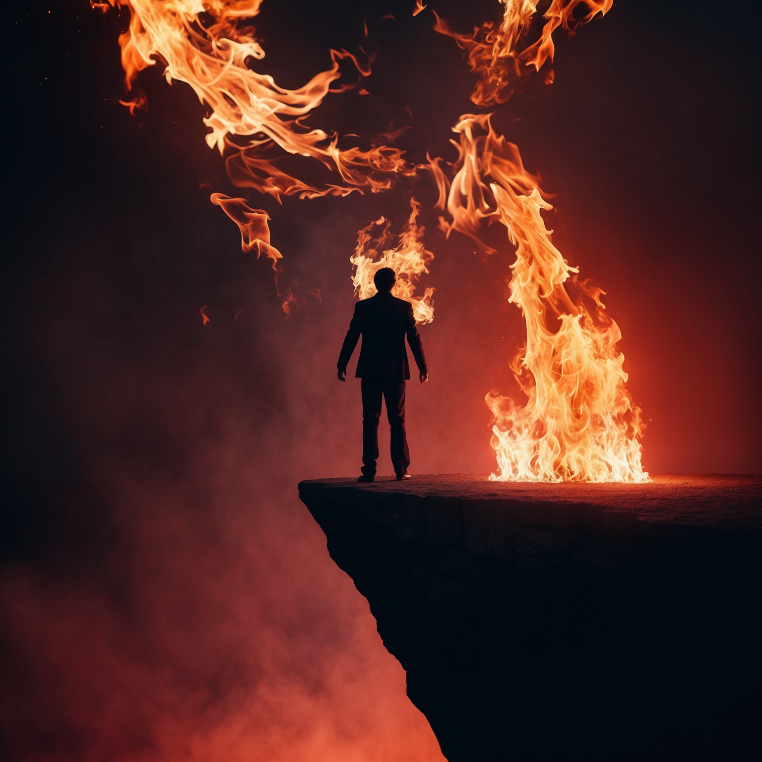 Create an image capturing the essence of temptation and inner conflict, featuring abstract flames enveloping a silhouette standing at the edge of a metaphorical precipice. Use dark tones and vibrant reds, oranges, and yellows to convey a sense of allure and danger, representing the recurring theme of being drawn 