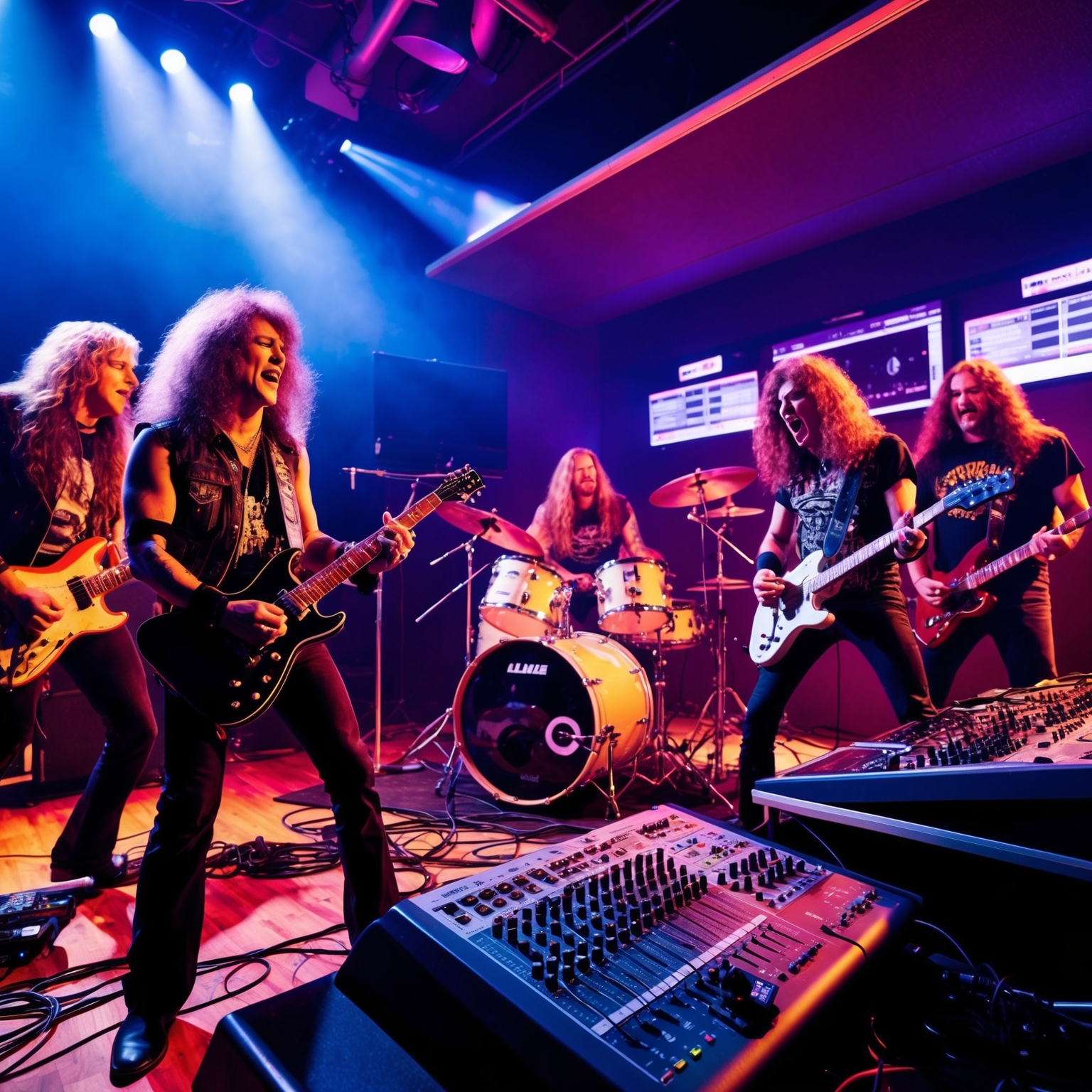 A vibrant and energetic depiction of a 1980s metal band recording in a high-tech studio. Electric guitars, a drum kit, and a mixing console are prominently featured. The scene captures the intensity and excitement of a recording session, with musicians focused and engaged. The atmosphere is dynamic, reflecting the era