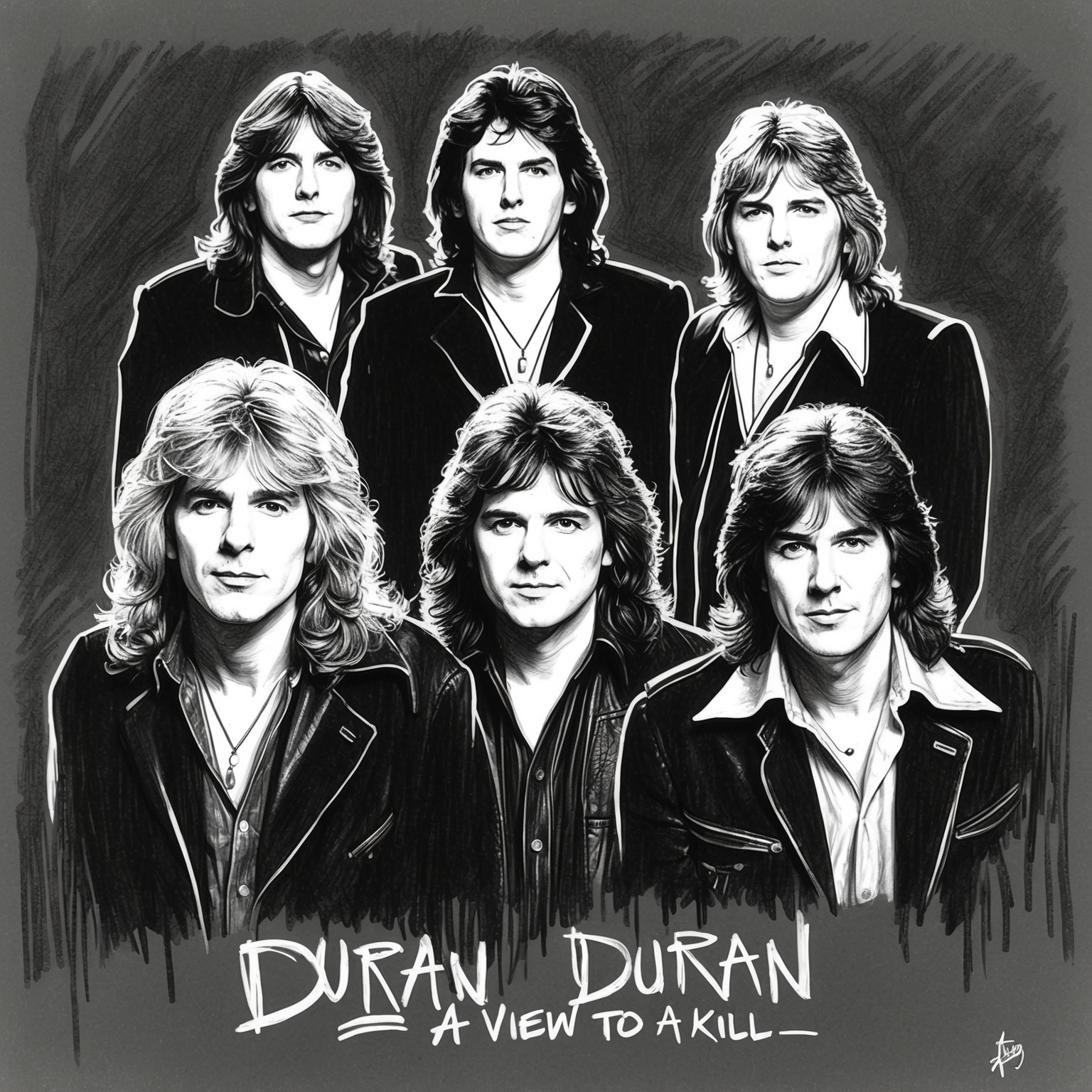 Create a stylized black and white charcoal drawing of the band Duran Duran, with a half-finished artistic feel, capturing the essence of their 1980s pop rock persona during the era of 