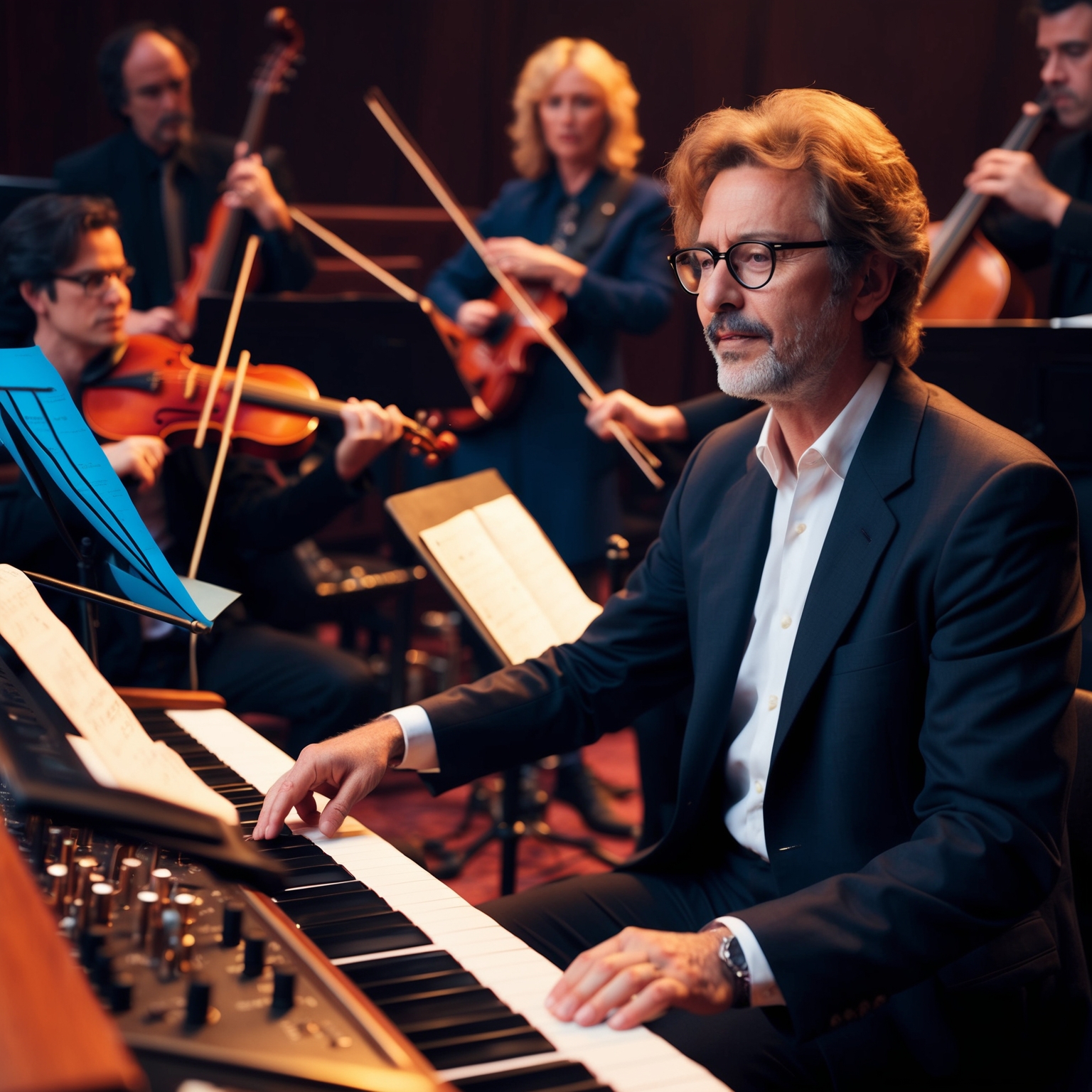 A scene depicting a distinguished composer at work, referencing the 1980s, blending an orchestra with pop-rock elements, showcasing a creative process for a film soundtrack, capturing a mix of sophistication and modernity.