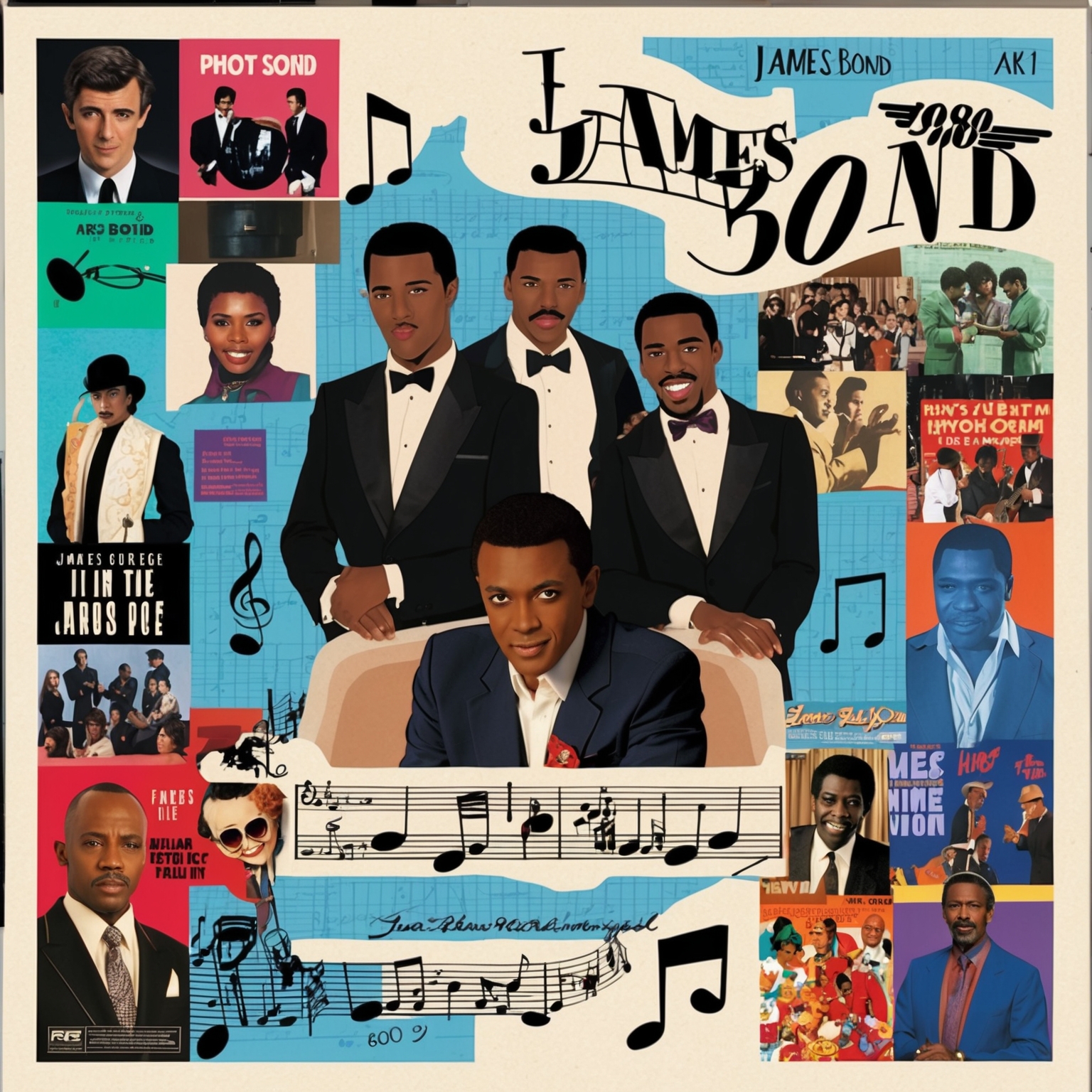 An elegant illustration celebrating a classic 1980s pop song with elements of James Bond iconography, including musical notes and a collage of diverse artists, capturing the song