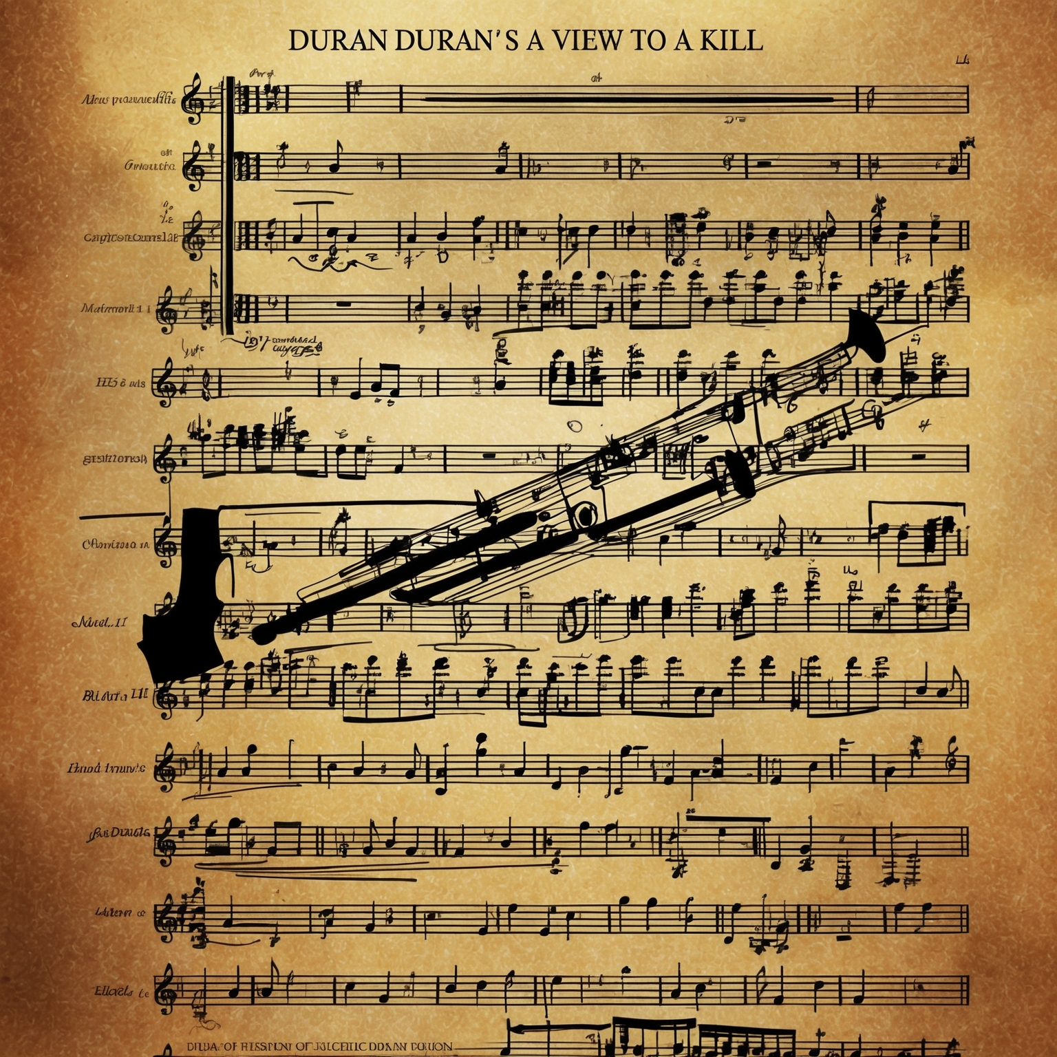 Illustration of a richly textured musical score sheet, interwoven with symbols of musical instruments like guitars, synthesizers, and orchestral elements. Add subtle references to timeless James Bond iconography, like a silhouetted gun barrel and classic cinema motifs, capturing the eclectic fusion of rock and cinematic soundscapes in Duran Duran’s 