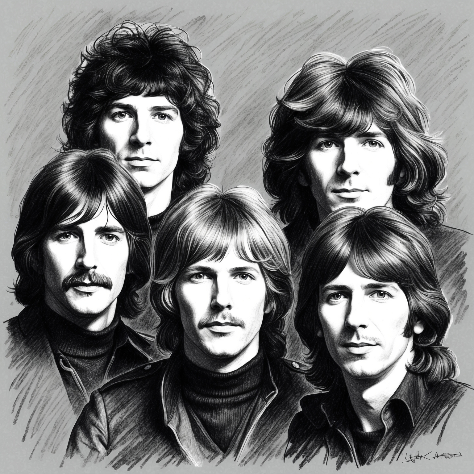 Black and white charcoal portrait of Electric Light Orchestra with a half-finished feel, capturing the essence of the band during their late 1970s creative peak.