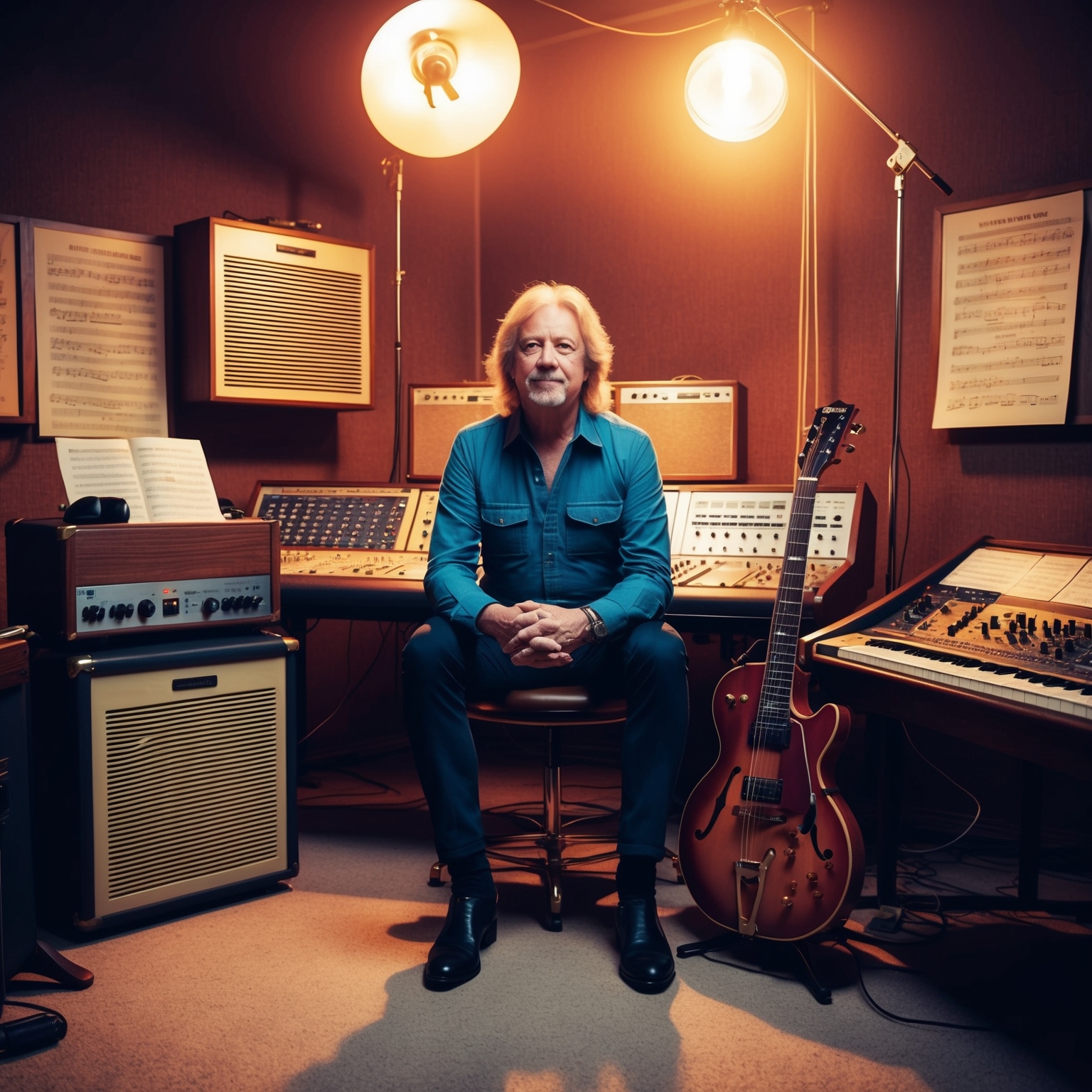 Create an image of Jeff Lynne, renowned composer and leader of Electric Light Orchestra (ELO), sitting in a recording studio surrounded by musical instruments, vintage 1970s recording equipment, and sheet music. Emphasize a sense of nostalgic creativity with warm lighting to reflect his influence on the creation of 