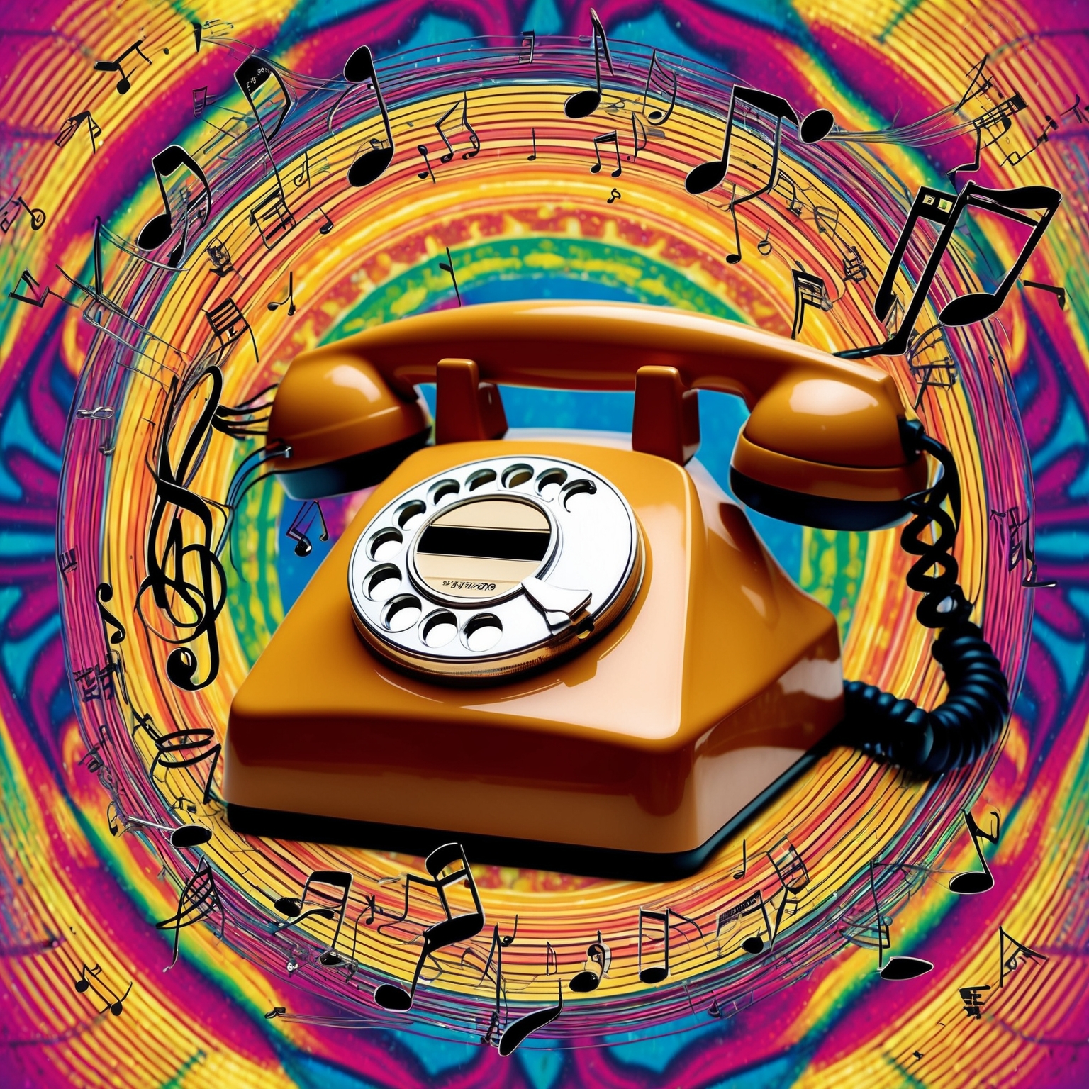 A retro illustration of a vintage telephone with musical notes swirling around, set against a vibrant 1970s psychedelic background. This captures the essence of the 1976 chart success of Electric Light Orchestra