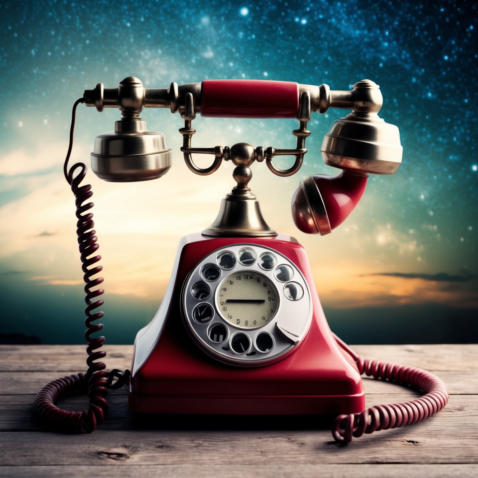 A vintage telephone with a tangled cord symbolizing emotional complexity and unreciprocated communication, set against a backdrop of starry skies and fading dreams, capturing the nostalgic and futuristic themes of the song.