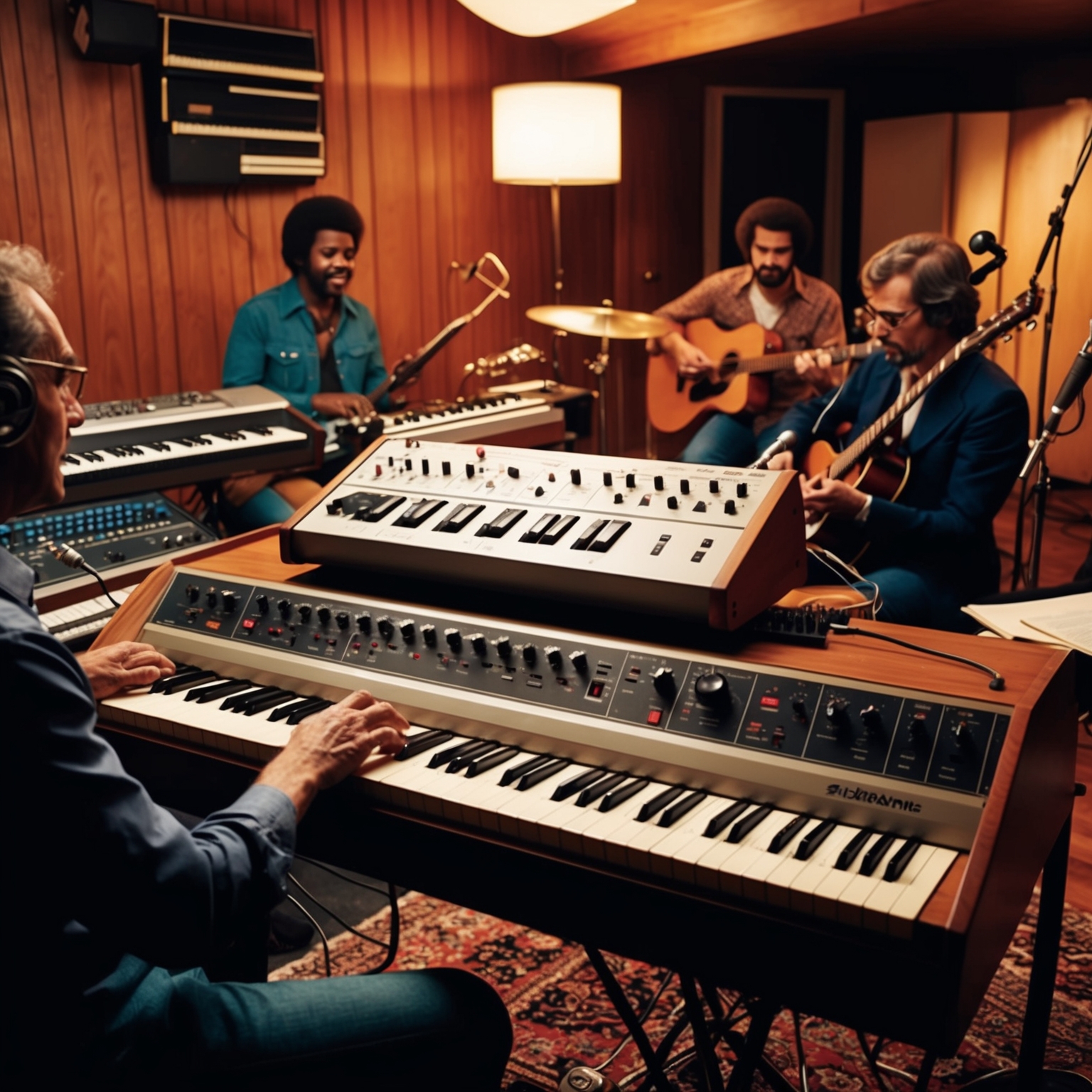 Imagine a cozy, vintage recording studio from the 1970s, filled with a blend of modern and classical musical instruments. In the center, a synthesizer is prominent, with strings and electric guitars in the background. Capture the essence of a creative session, showing musicians absorbed in harmony creation for a melodious, nostalgic song.