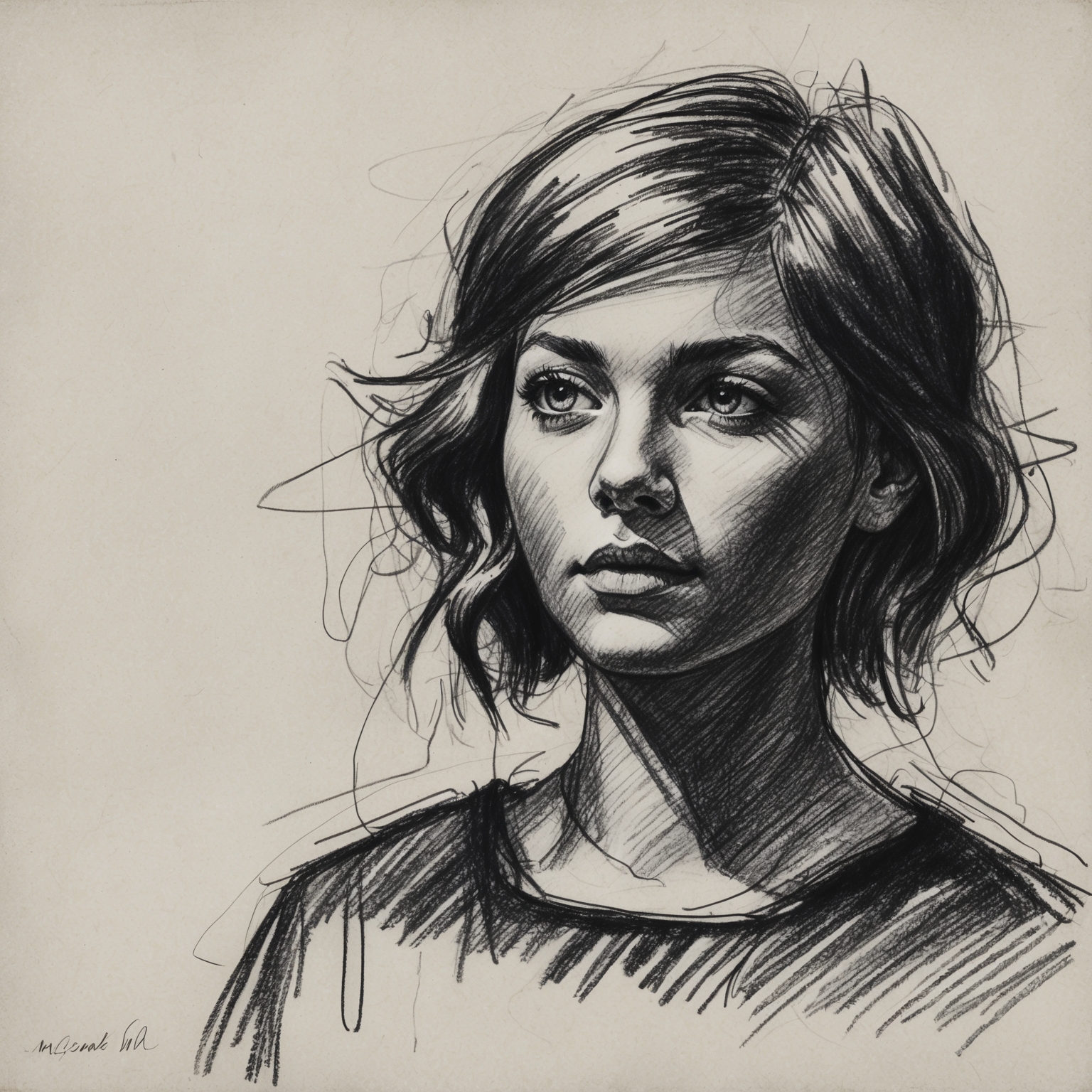 Create a black and white charcoal, stylistic drawing of Everything But The Girl, with a half-finished feel, capturing the essence of their artistic collaboration.