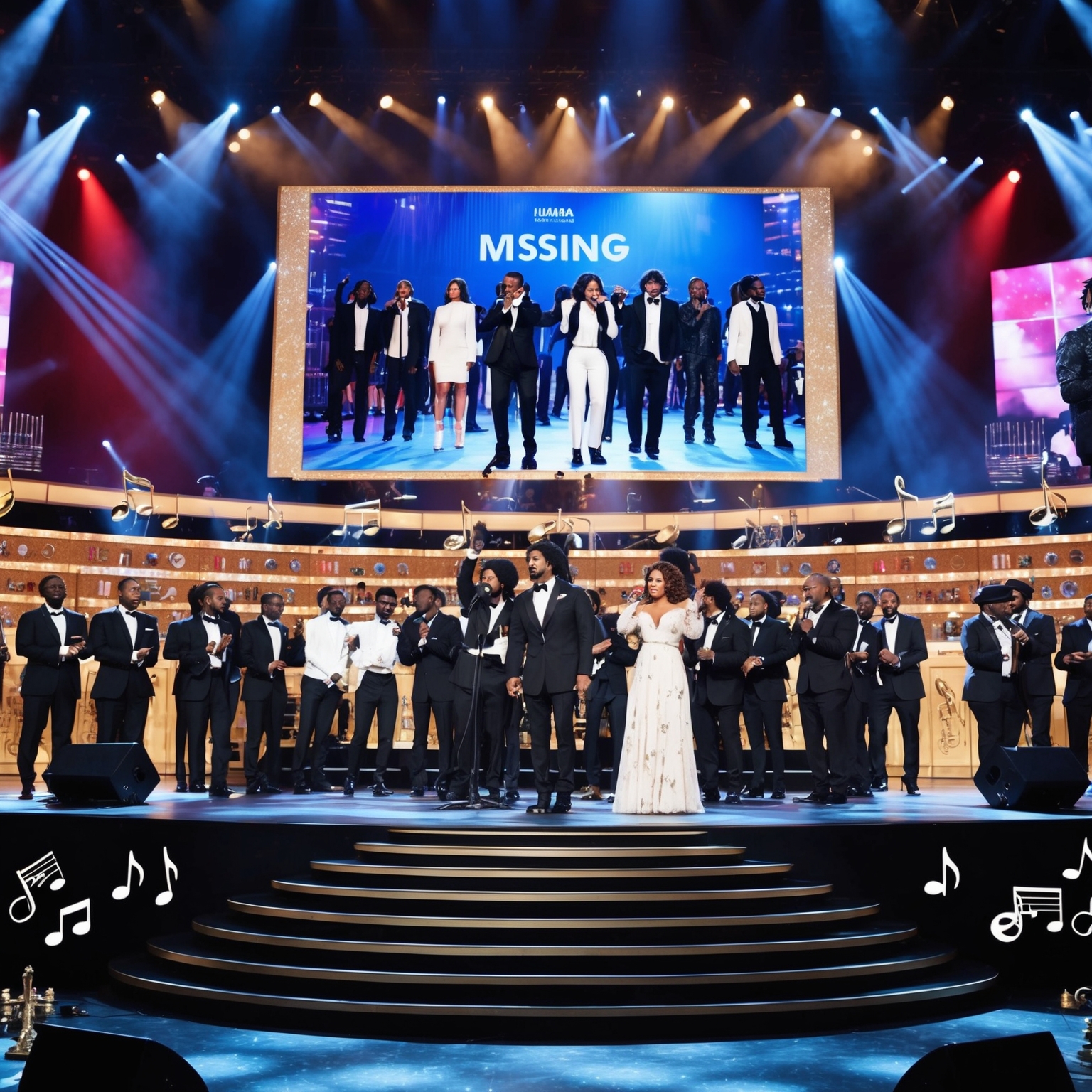 A vibrant musical celebration scene, featuring a stage adorned with awards and accolades. In the background, a large screen displays multiple artists performing 