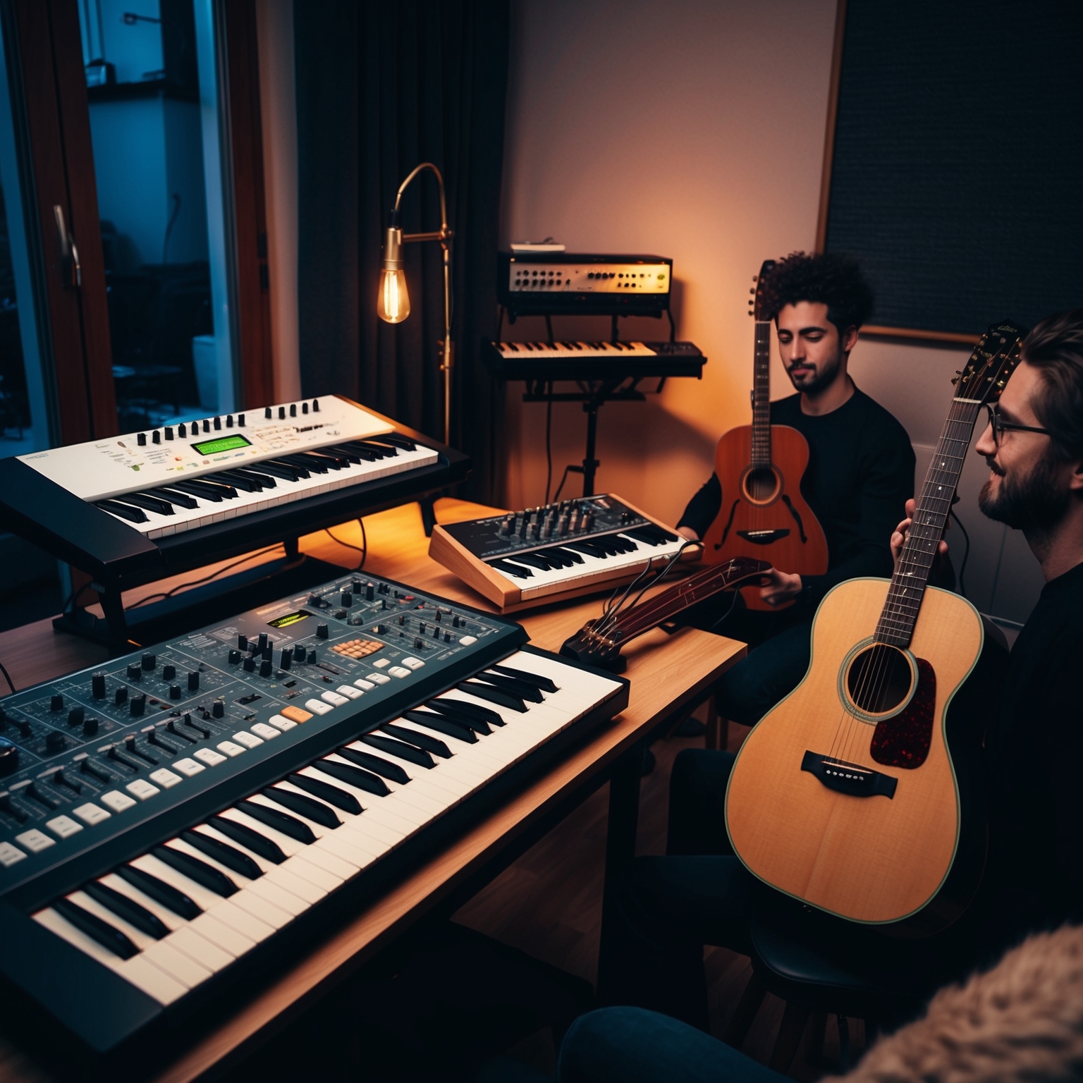 Visualize a cozy modern recording studio with mood lighting. The image highlights an electronic synthesizer, an acoustic guitar, and ambient string instruments placed harmoniously. Capture the essence of creative collaboration between two musicians, evoking a blend of electronic pop and soulful themes, representing a pivotal moment in their artistic evolution.