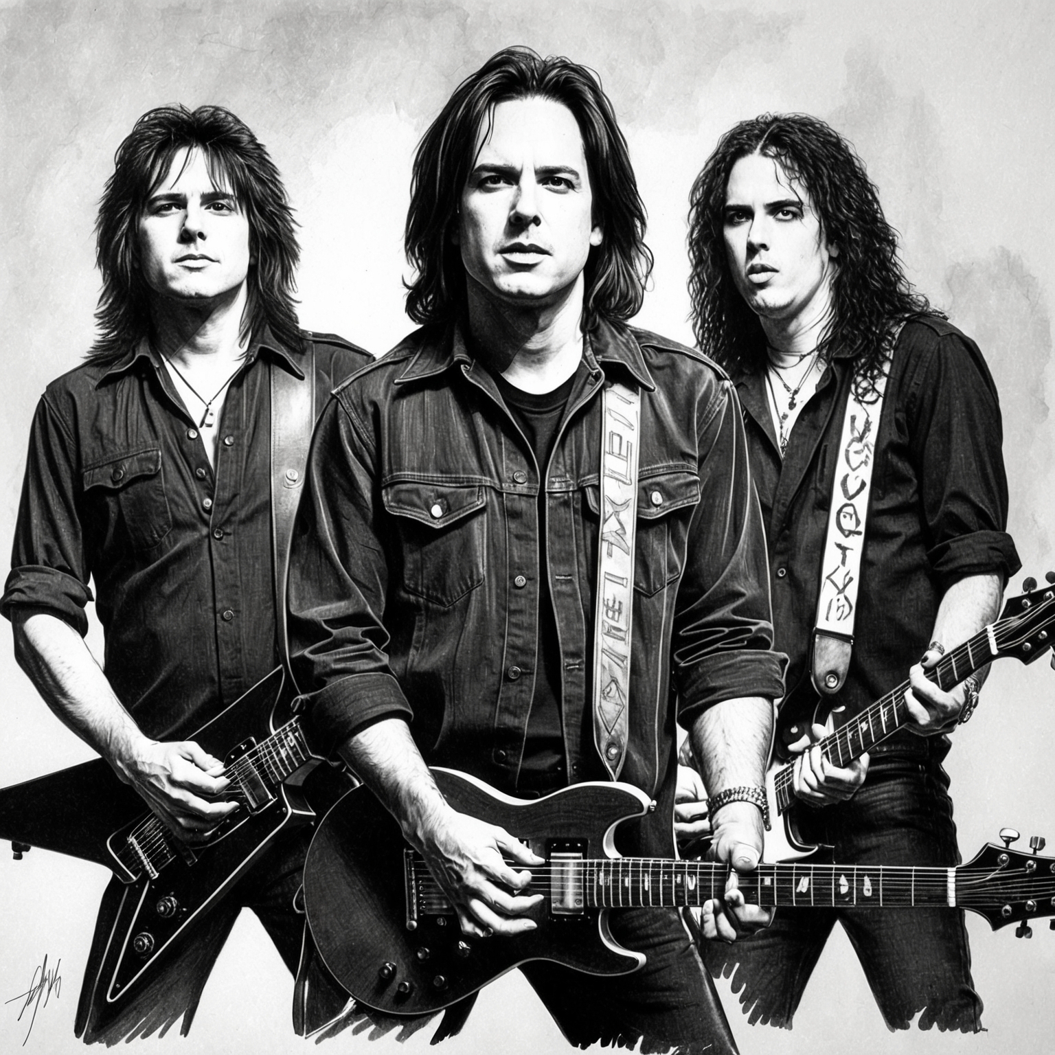 Create a charcoal portrait of the band Extreme from the early 1990s, with a focus on guitarist Nuno Bettencourt and vocalist Gary Cherone. The image should be black and white, capturing a half-finished, stylistic feel that highlights their expressions and musical energy.