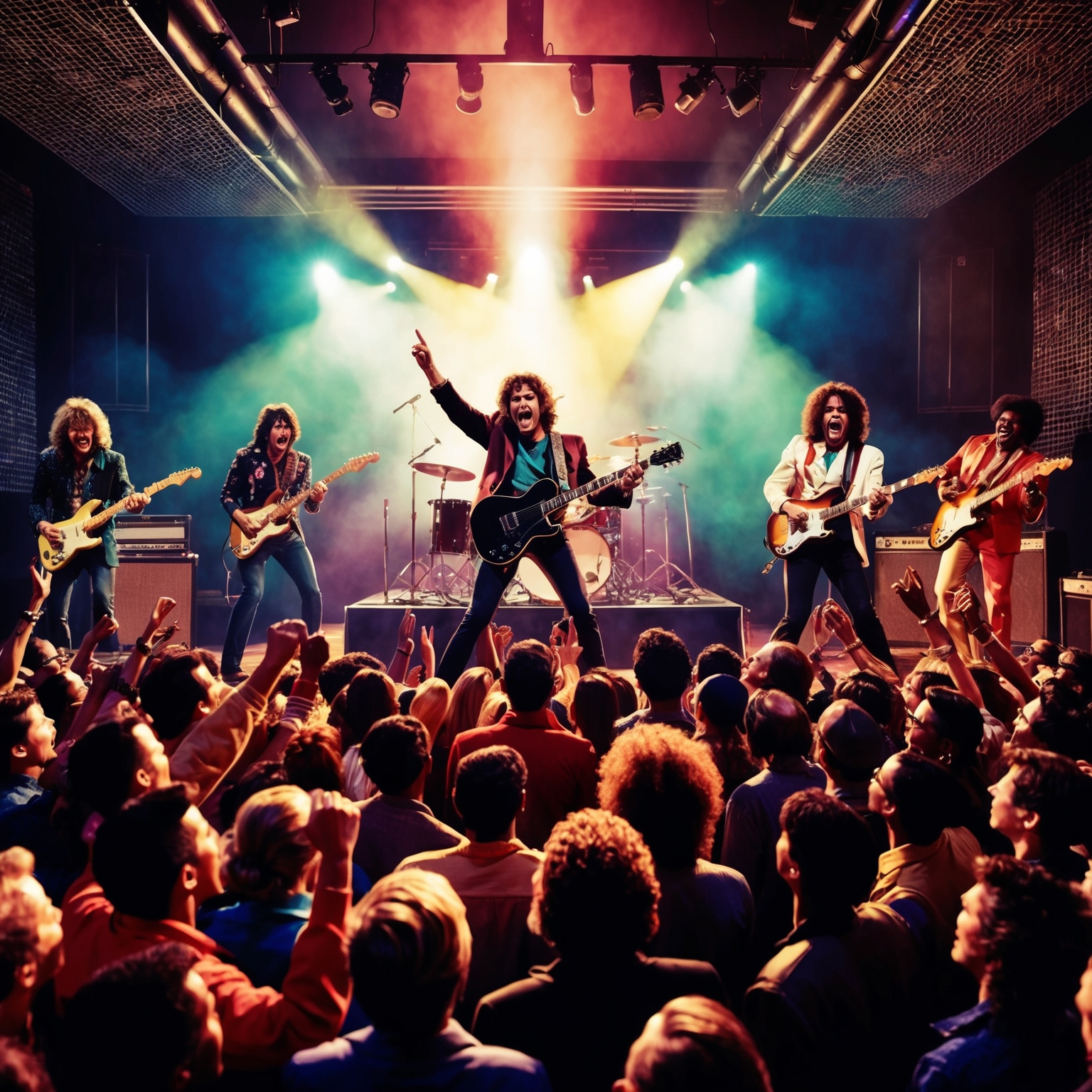 A dynamic and energetic illustration of a 1990s rock band performing on stage surrounded by an enthusiastic crowd, capturing the essence of a fusion of rock and funk music. The scene is set in an intimate concert venue, emphasizing vibrant lighting and a vintage guitar as focal points, reflecting the unique sound and style of the era.