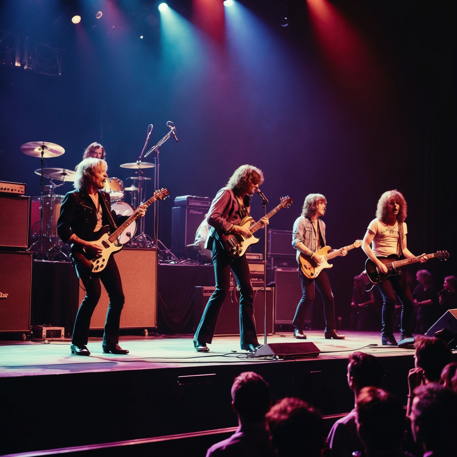 A live performance scene of a rock band on stage, capturing the energy and interaction between band members and the audience at a late 20th-century concert, with vibrant lighting and vintage aesthetics