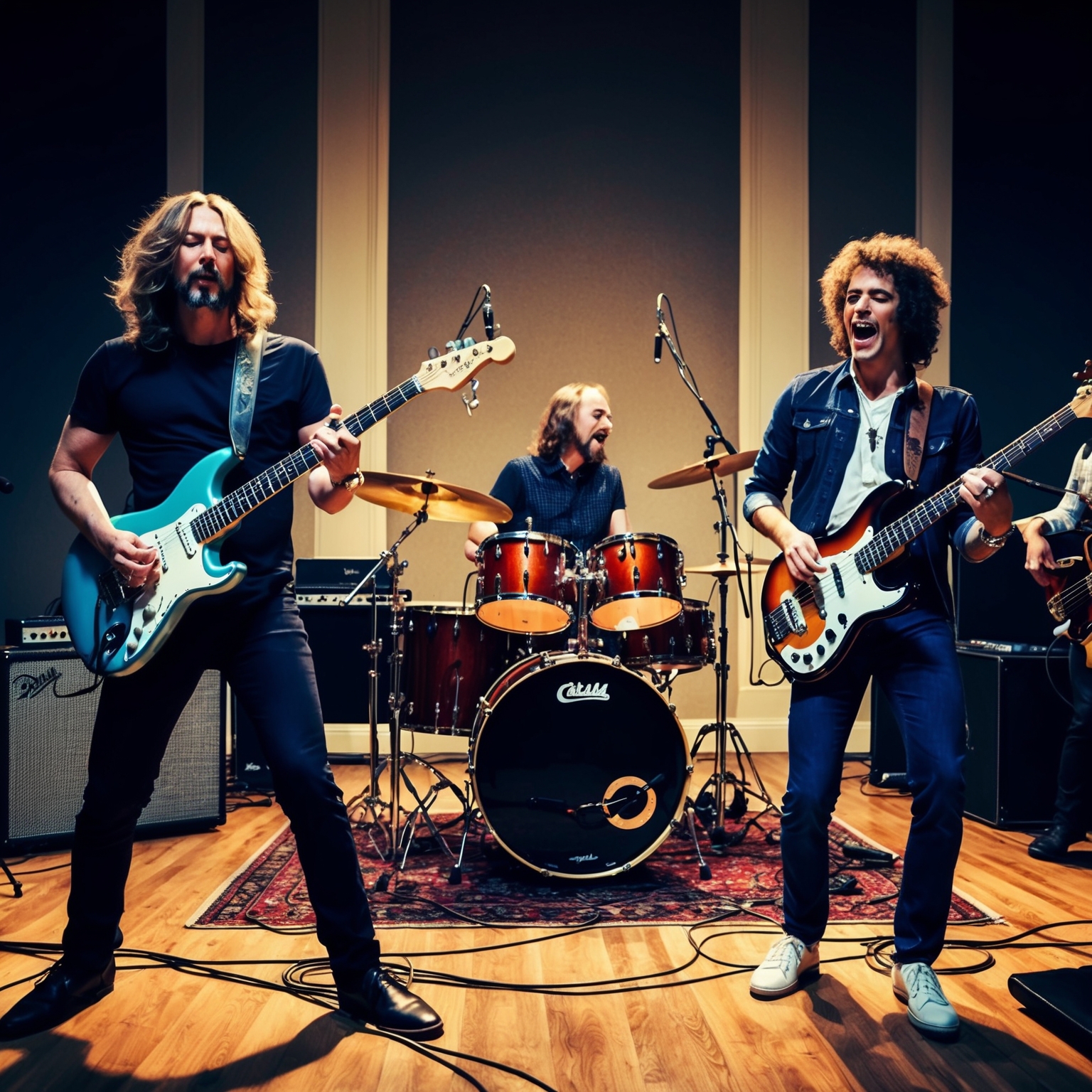 Illustrate a dynamic rock band performance with electric guitars, drums, and bass in a studio setting similar to Abbey Road Studios. Capture the energy and synergy of musicians deeply engaged in playing a fusion of rock and funk music, with a focus on intricate chords and tempo dynamics. The scene should depict a sense of creativity and musical exploration.