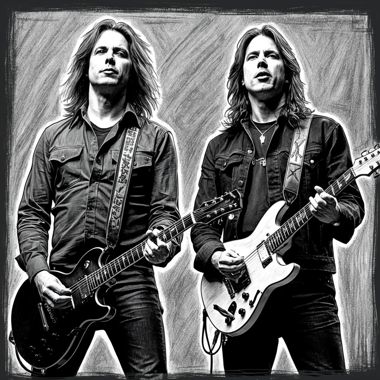 A black and white charcoal drawing highlighting Extreme, focusing on guitarist Nuno Bettencourt and vocalist Gary Cherone. Capture the band in a half-finished, stylistic portrayal with a vintage feel, emphasizing their 1990s era with a touch of raw musical passion.