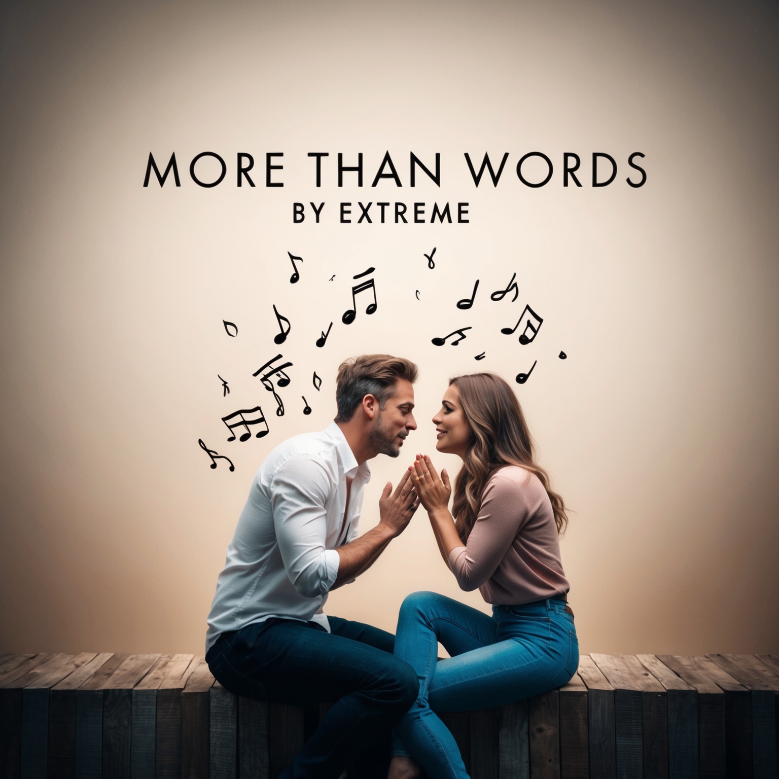 Create an emotional scene illustrating a couple communicating through gestures and expressions in a serene acoustic setting, reflecting the theme of expressing love through actions over words, as highlighted in the song 