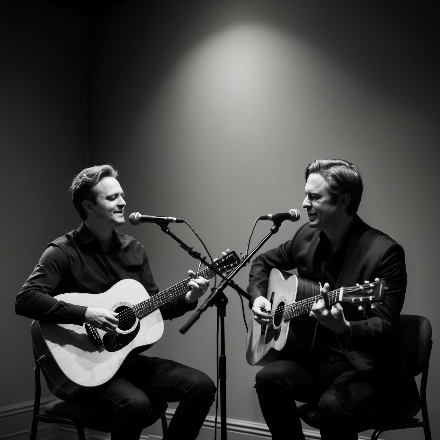 Two musicians performing an acoustic ballad in a dimly lit room, captured in black and white, evoking a feeling of intimacy and emotional connection, emphasizing simplicity and timelessness.