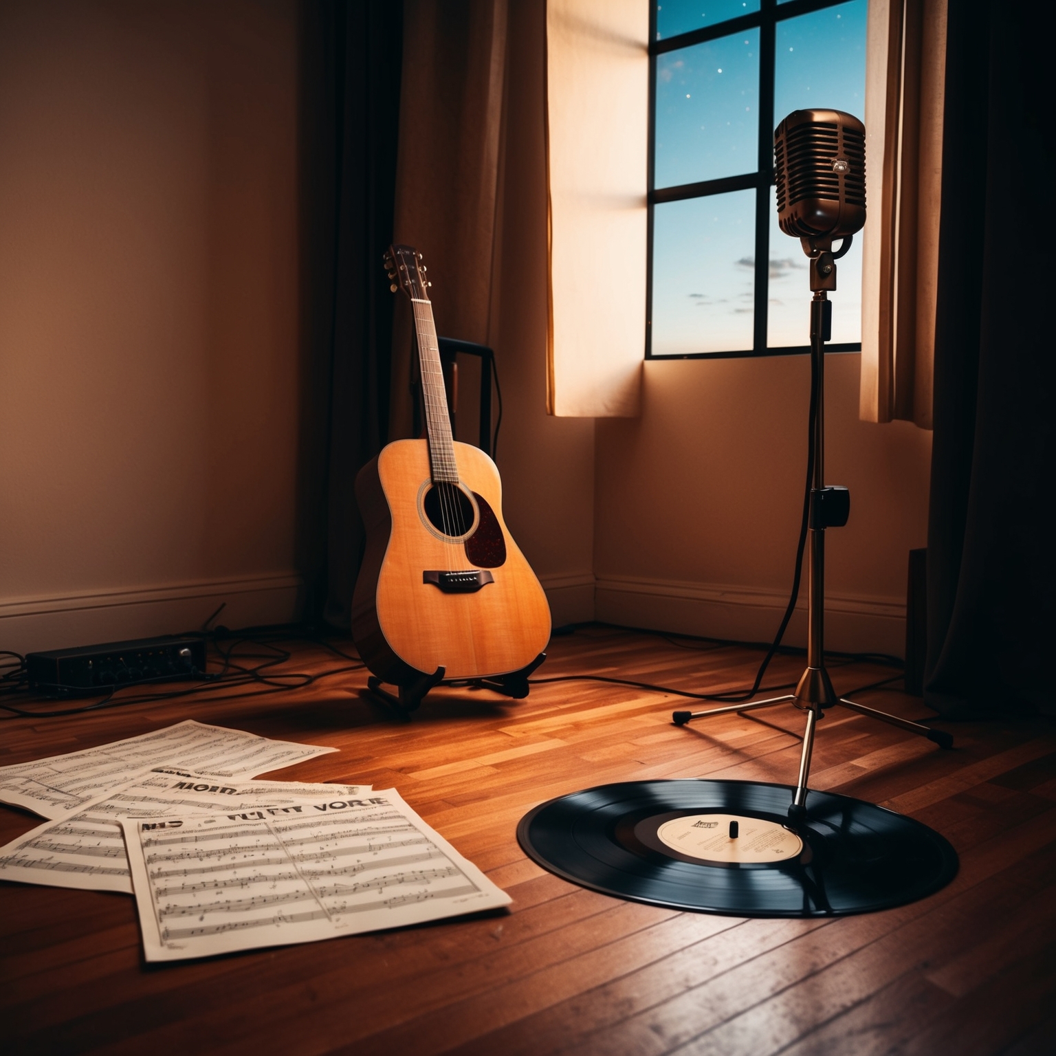 An intimate recording studio setting with an acoustic guitar at the forefront. Soft lighting casts a warm glow over the scene. A vintage microphone stands ready for vocals. Sheets of music are scattered across the hardwood floor, alongside a single vinyl record labeled 