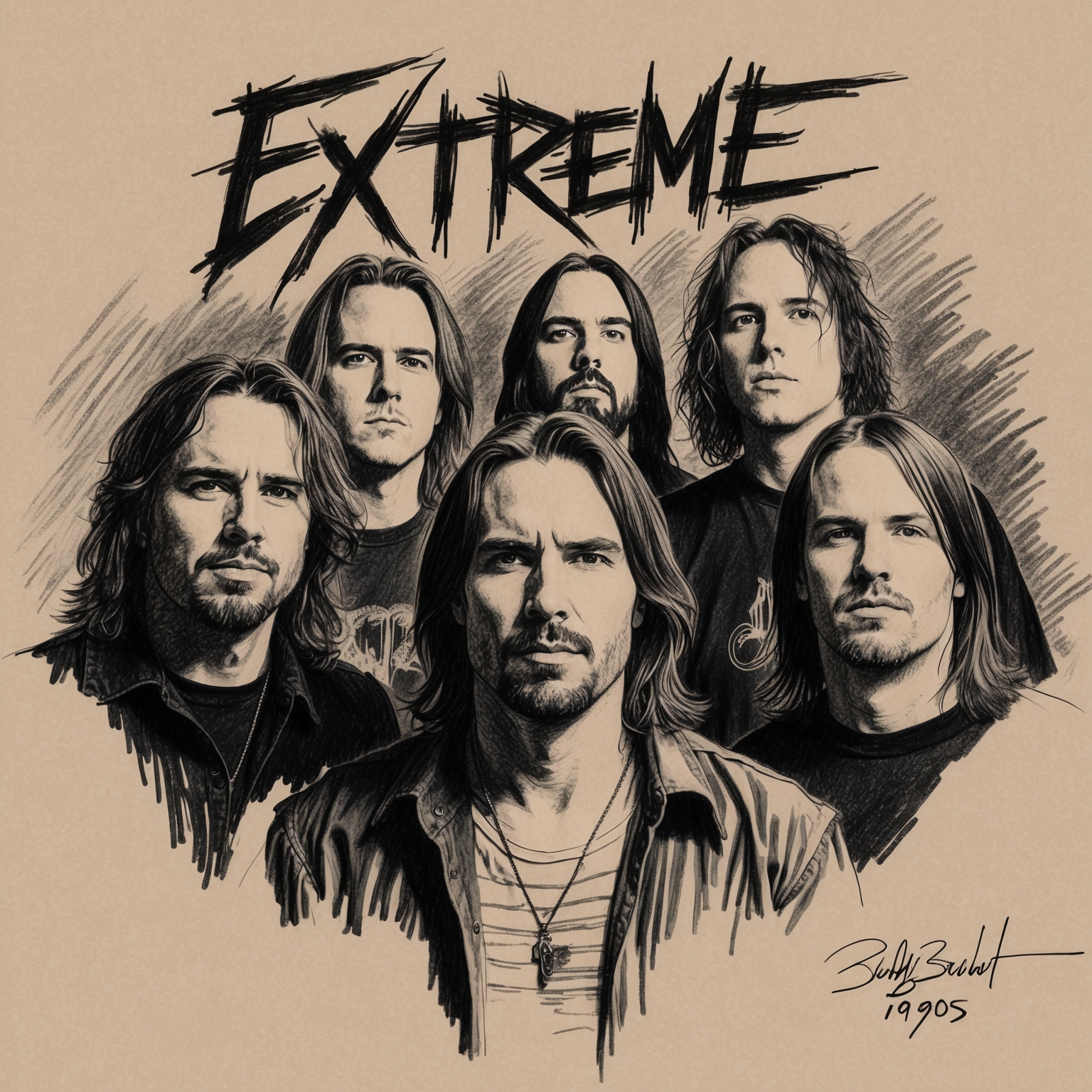 Create a black and white charcoal portrait of the band Extreme, focusing on a half-finished stylistic drawing. Highlight the members in a way that reflects their energetic and collaborative dynamics during the early 1990s.