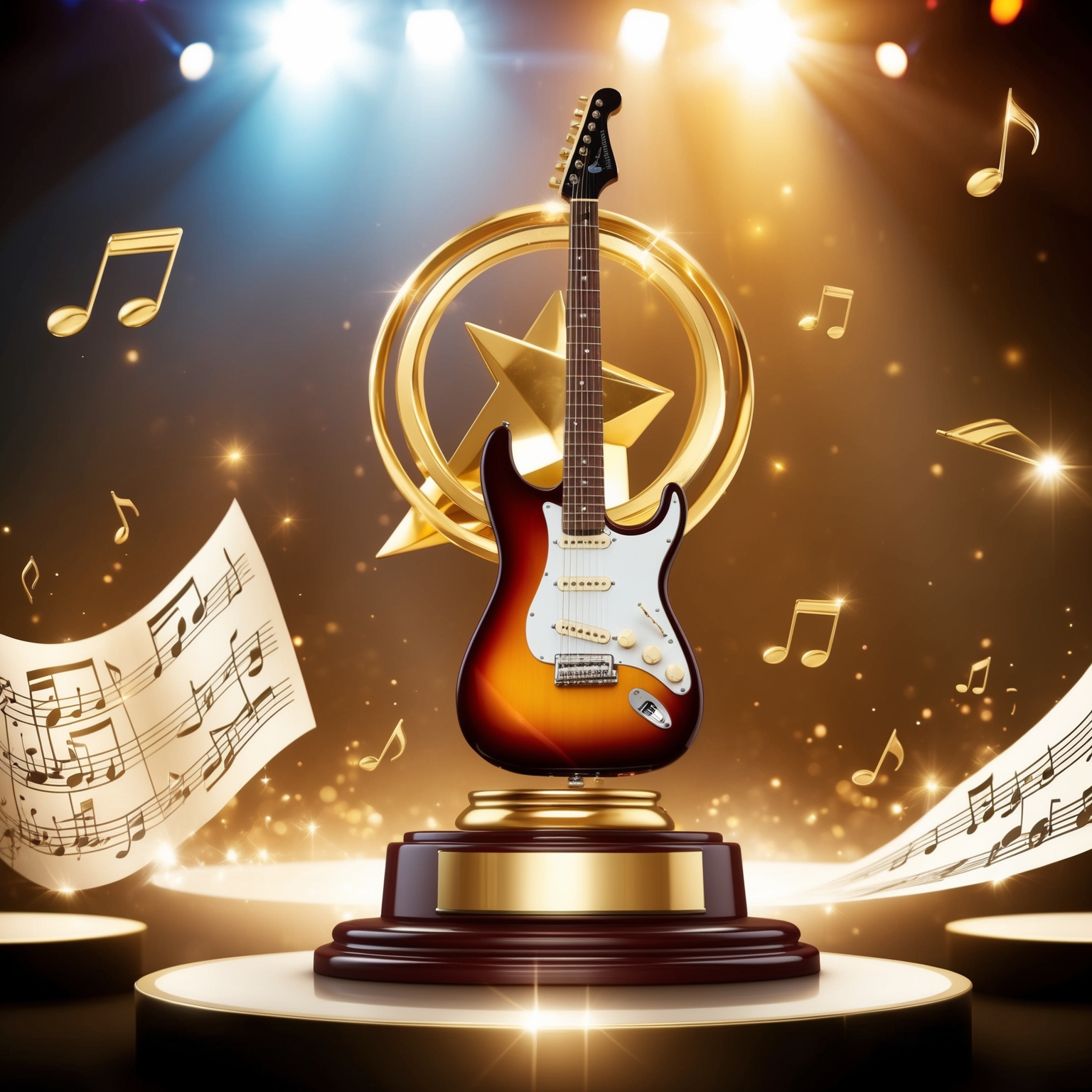 Create an evocative scene inspired by a rock music award ceremony, spotlighting a symbolic golden trophy adorned with a guitar. Include musical notes and sheet music floating subtly in the background, shimmering under stage lights. The ambiance should be lively, capturing the essence of musical achievement and recognition.