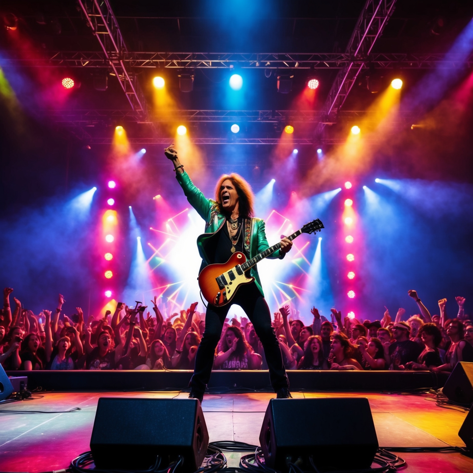 A 1990s rock concert scene with a dynamic lead guitarist at center stage, colorful lights, energetic crowds and a backdrop inspired by the early 90s rock era.