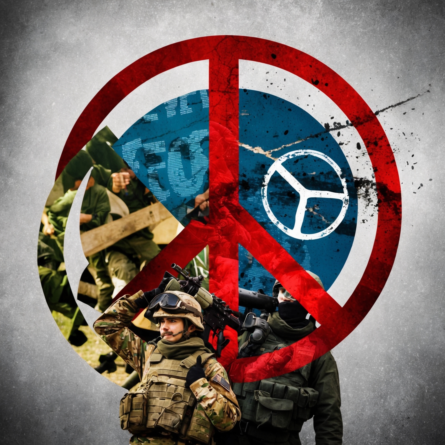 A visual representation of contradictions in peace and war rhetoric, symbolized by overlapping peace signs and conflict imagery with an ironic tone.