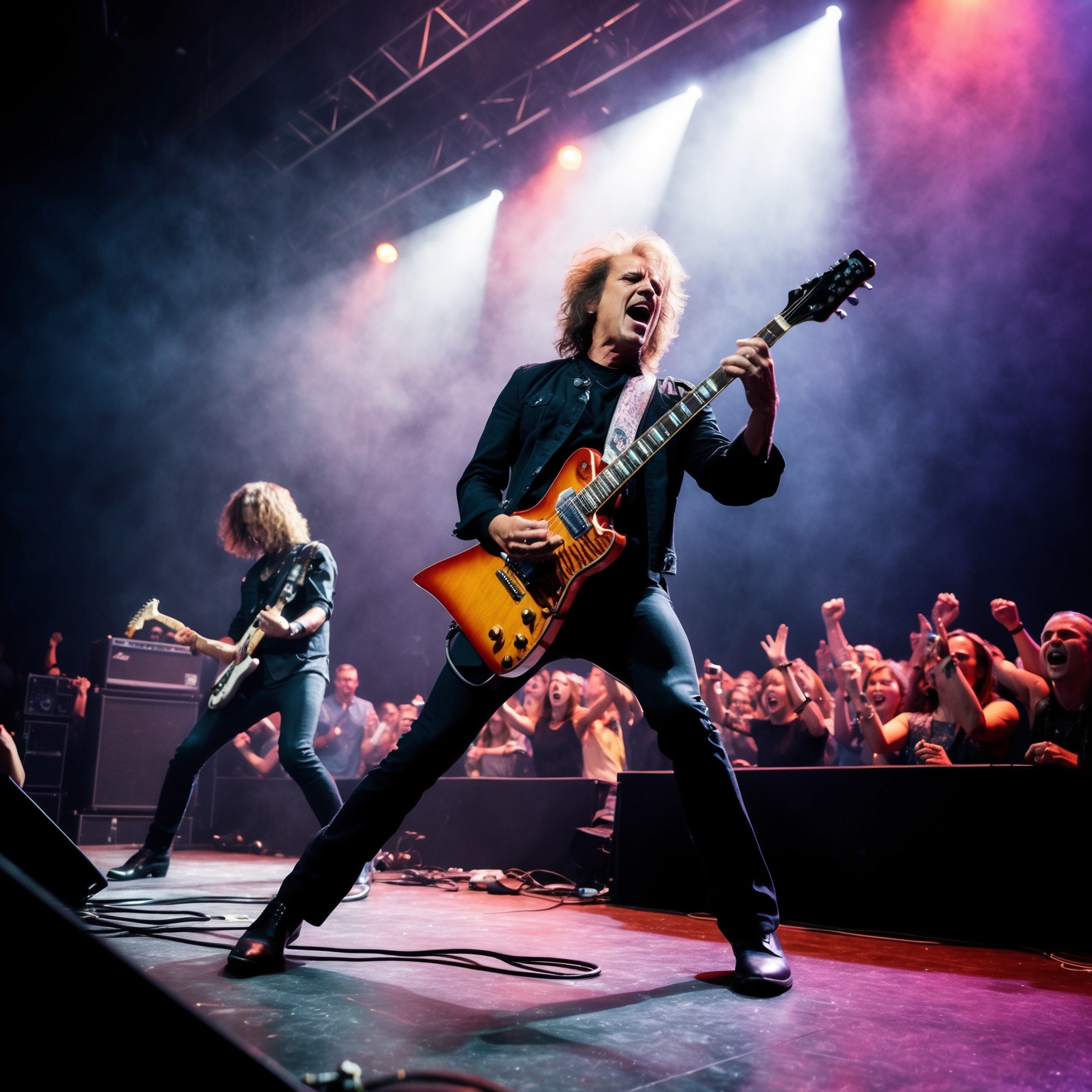 A live rock concert scene with dramatic lighting, showcasing a band performing passionately on stage. The guitarist stands out with a unique electric guitar, and the crowd is captivated by the energy of the performance. Visualize the intensity of a rock concert atmosphere.